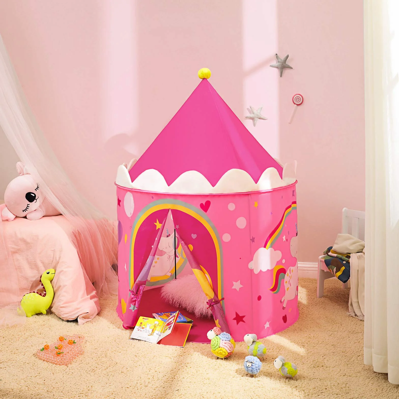 SONGMICS Tienda para Niños, Carpa Infantil, Castillo de la Princesa, Pop Up, Regalo para Niños, para Interior y Exterior, Bolsa de Transporte, Rosa y Amarillo LPT04PY