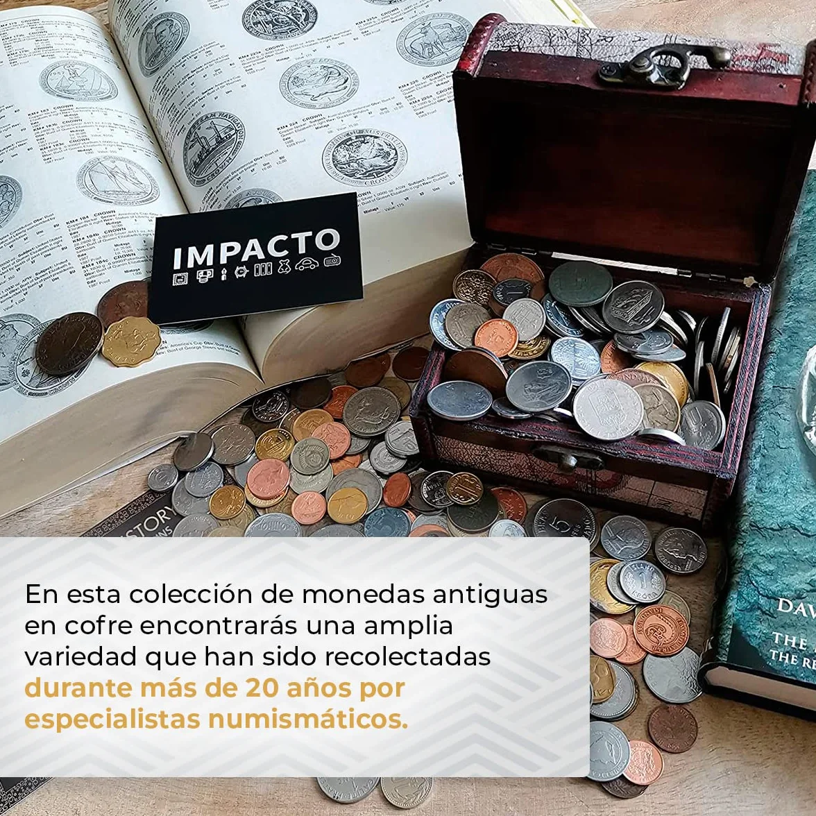 IMPACTO COLECCIONABLES | 1 kg de Monedas del Mundo Auténticas en Cofre de Madera – Gran Variedad de Monedas Antiguas para Ampliar tu Colección – Incluye Certificado de Autenticidad