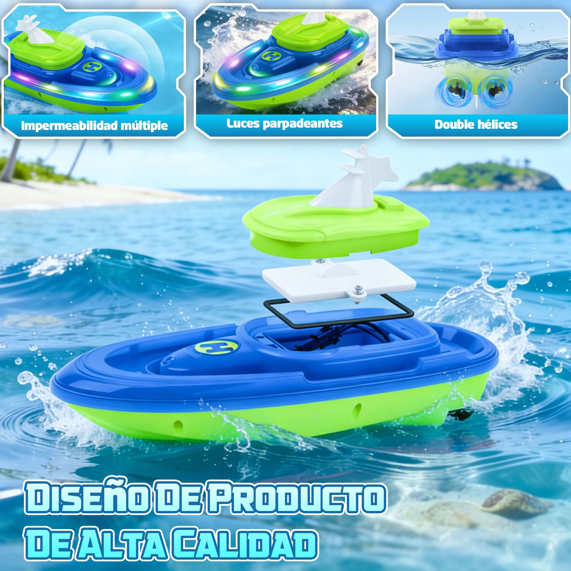 FORMIZON Submarino Teledirigido, Barco Teledirigido con Pulverizador de Agua, Barco RC con Luces y Resistentes al Agua Lancha Teledirigida Niños con Función de Piloto Automático (Azul)