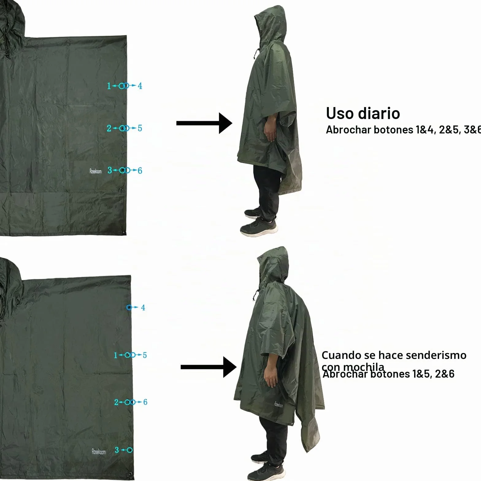 Poncho Impermeable Reutilizable con Capucha Ligero Chubasquero para Hombre Mujer Excursionismo Camping