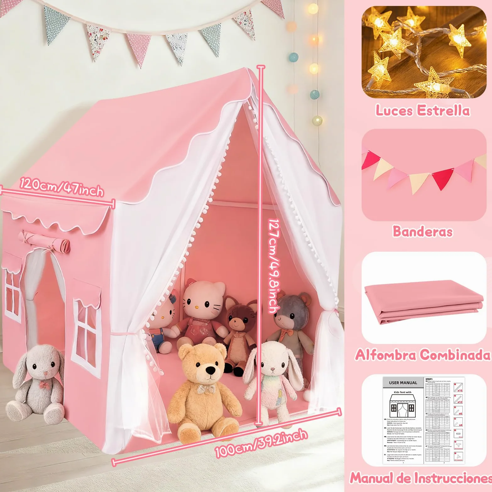 JONRRYIN Tienda Campaña Infantil con 2 Puertas, Cabañas para Niños con Luces Banderas y Bajera, Casitas Infantiles Tela Interior, Ideal Casita Infantil para Niños Niñas