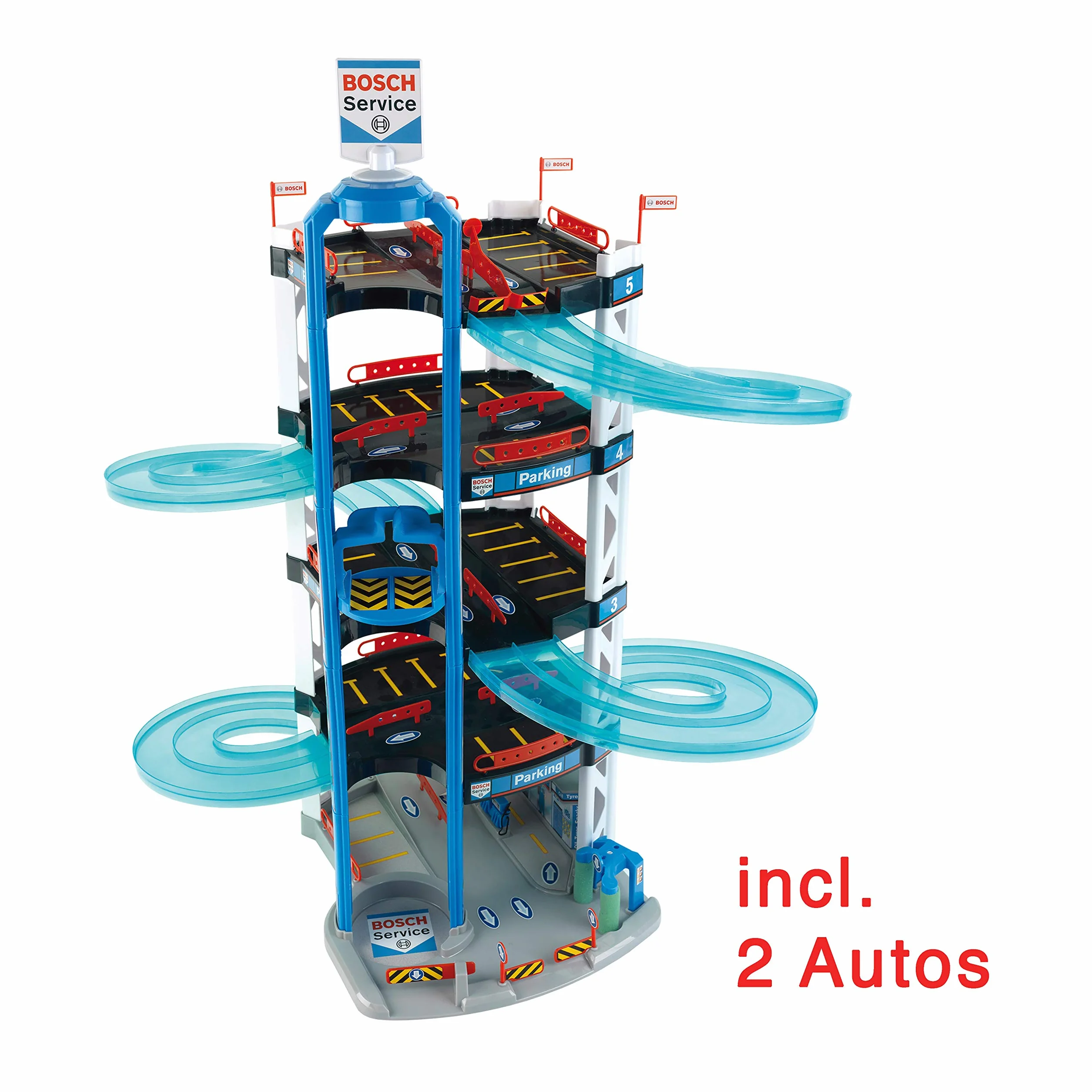 Theo Klein 2813 Aparcamiento Bosch Car Service, con 5 Plantas, Doble rampa de Salida, 2 Coches de Carreras, Ascensor y Mucho más, Medidas 55 cm x 55 cm x 85 cm, Juguete para niños a Partir de 3 años