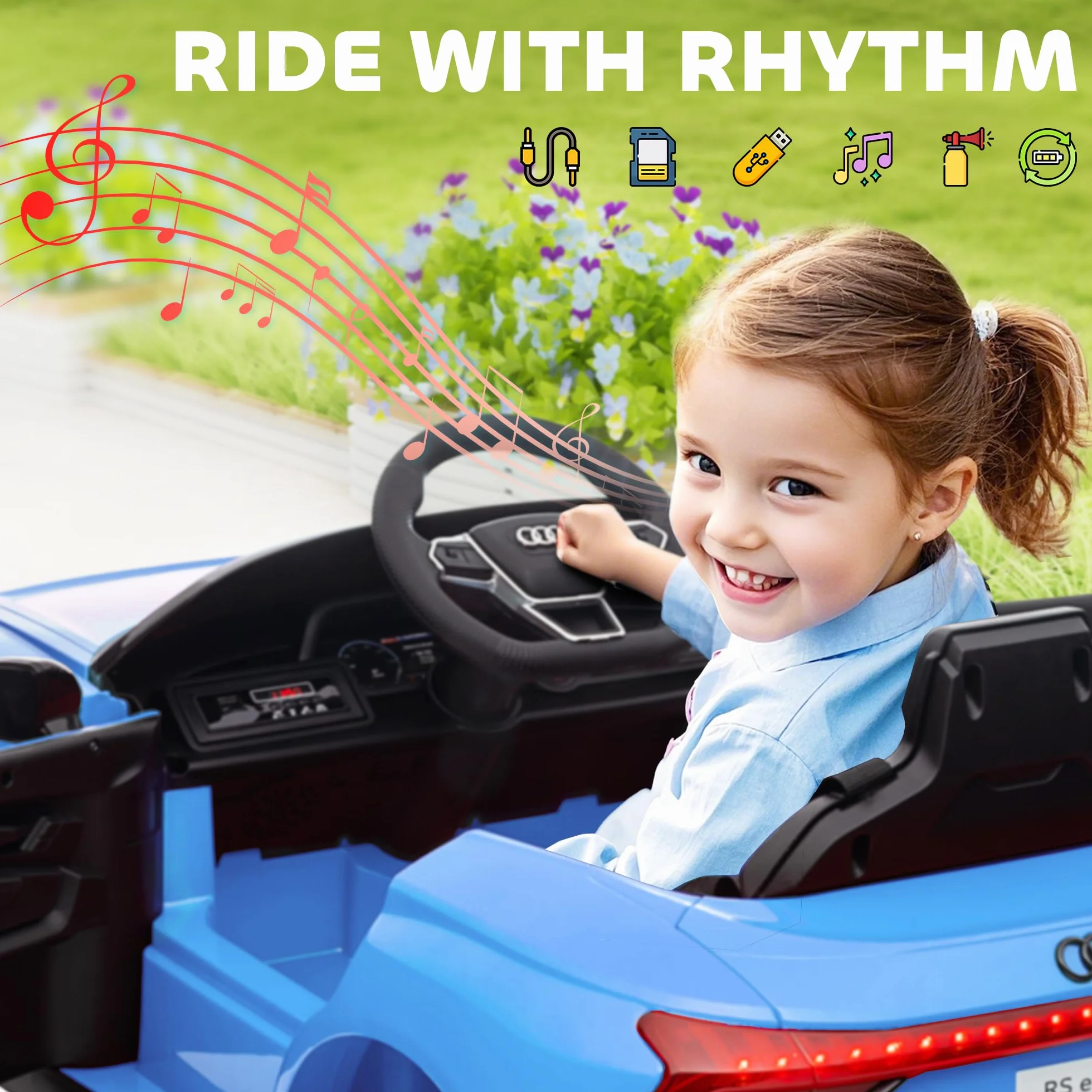 HOMCOM Coche Eléctrico para Niños de +3 Años Audi RS e-Tron GT Coche de Batería 12V con Mando a Distancia Faros LED Bocina Música USB y Apertura de Puerta 3-5 km/h Azul
