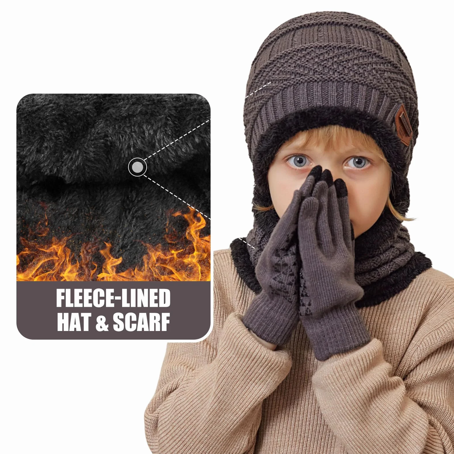 Gorro Invierno Niños Niñas Conjunto Bufanda Guantes Forro Polar Pantalla Táctil 5-10 Años