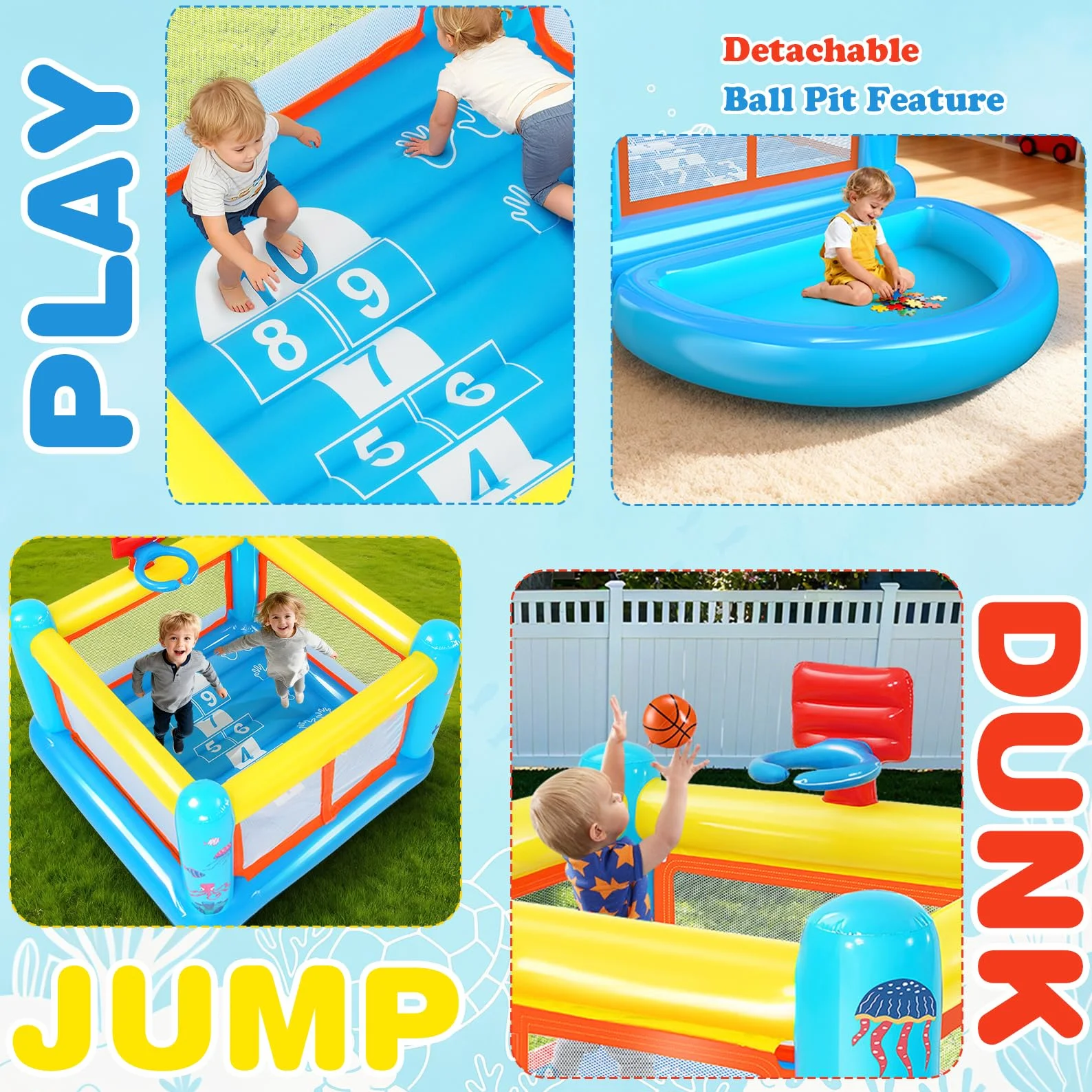 Castillo Hinchable para niños de 3 a 6 años, pequeña casa de Juegos Hinchable de PVC con cojín para Saltar, Piscina de Bolas extraíble, Canasta de Baloncesto y Juego de Saltar, Incluye Bomba de Aire