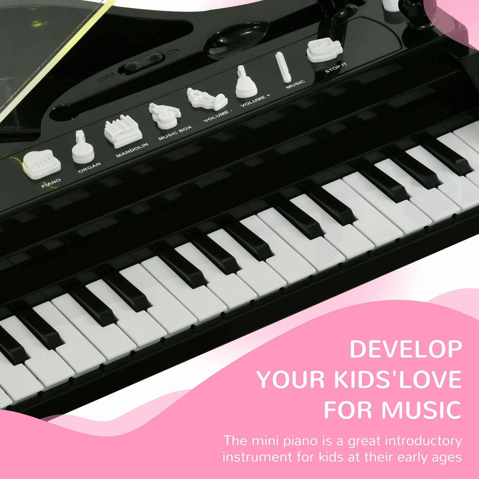 AIYAPLAY Piano Electrónico Infantil de 32 Teclas Juego de Piano con Micrófono Taburete Luces 22 Canciones 4 Sonidos Patas Desmontables y Volumen Ajustable 37x30,5x60,4 cm Negro