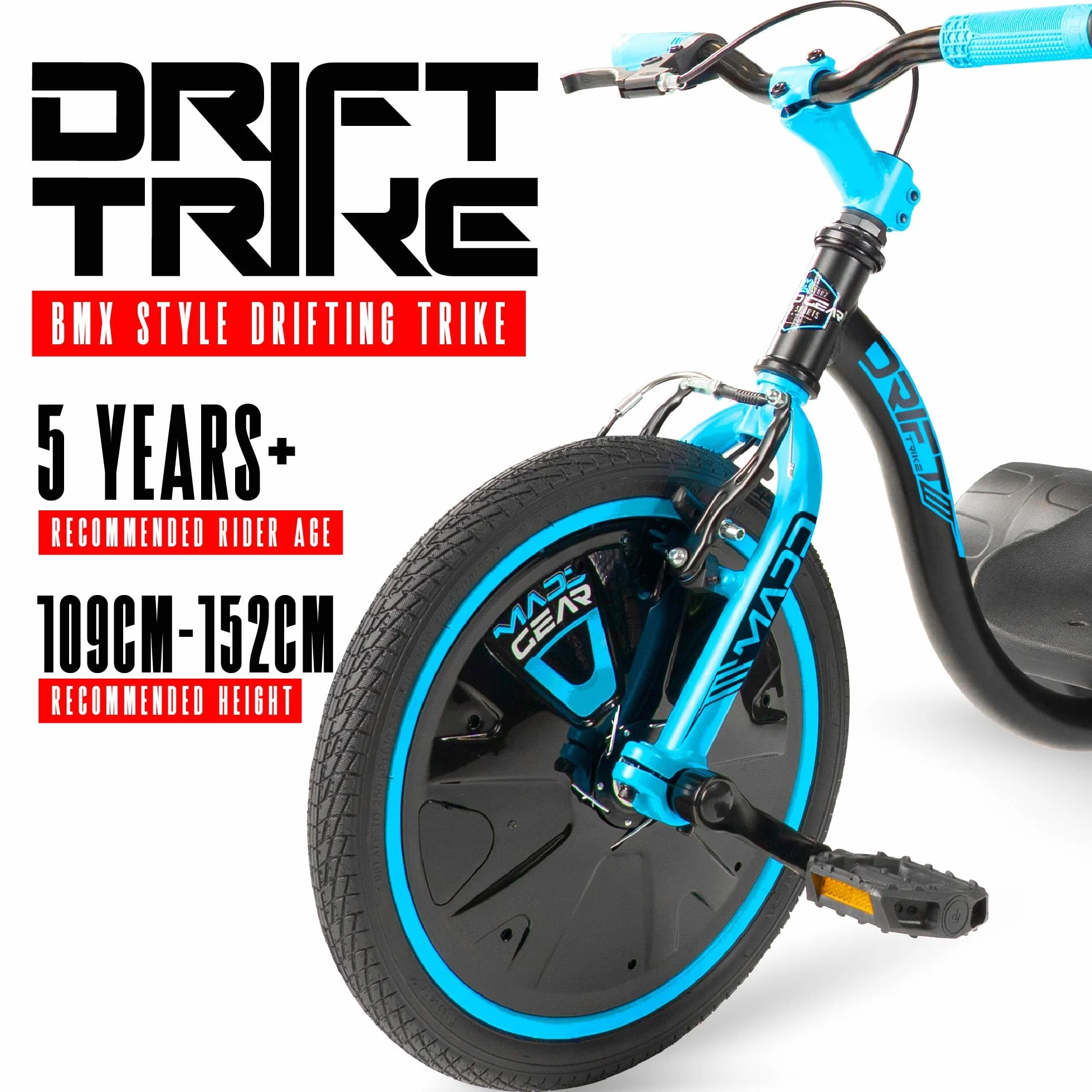 Drift Trike para niños a partir de 5 a 16 pulgadas con rueda grande con asiento ajustable, marco de acero, ruedas traseras y bandera de seguridad, Madd Gear (negro azul)