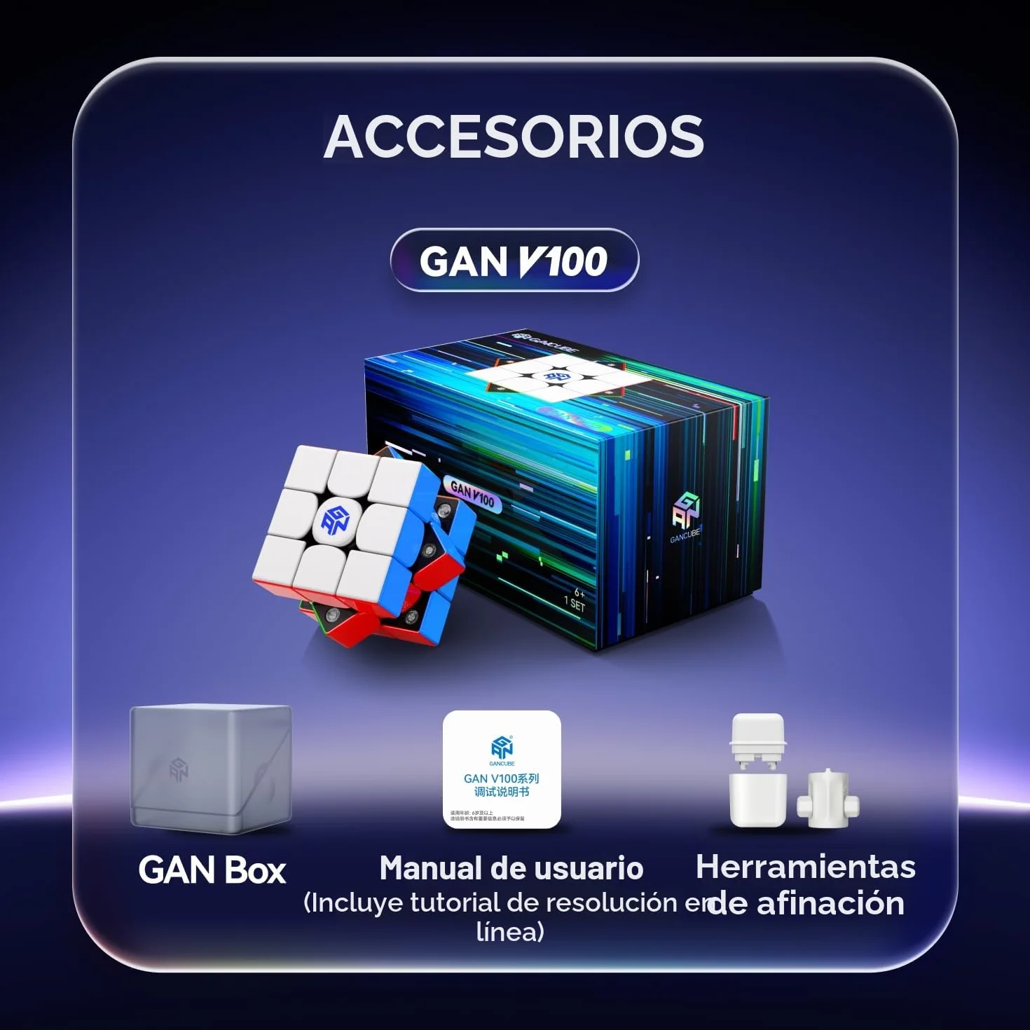 GAN V100 Maglev Speed Cube 3x3, Magnético Cubo Ultraligero de 64 g, Profesional Original Cubos de Velocidad, Apto Tanto para Niños como para Adultos, UV Version, Superficie Interior Negro 55mm