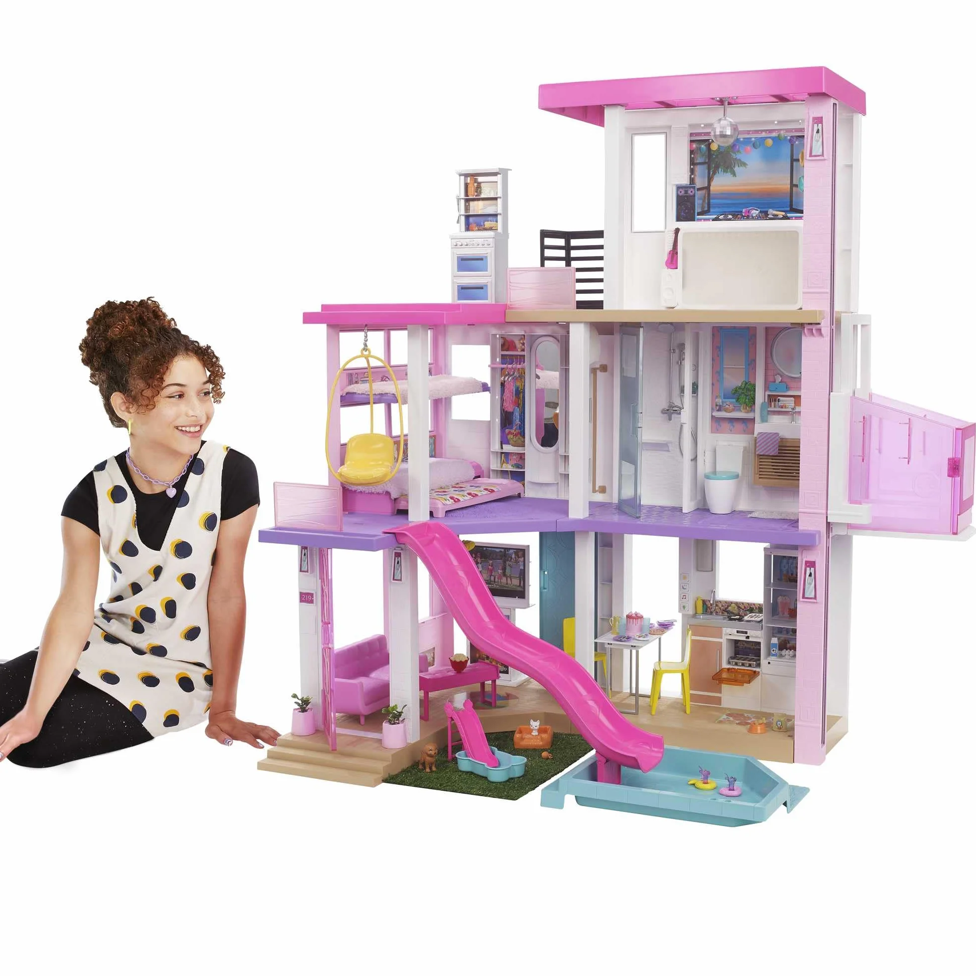 Barbie Casa de Muñecas Dreamhouse - con Piscina, Tobogán y Ascensor - Luces y Sonido - 75+ Piezas - 104 x 109 cm - Regalo para Niños de 3-7 Años, GRG93