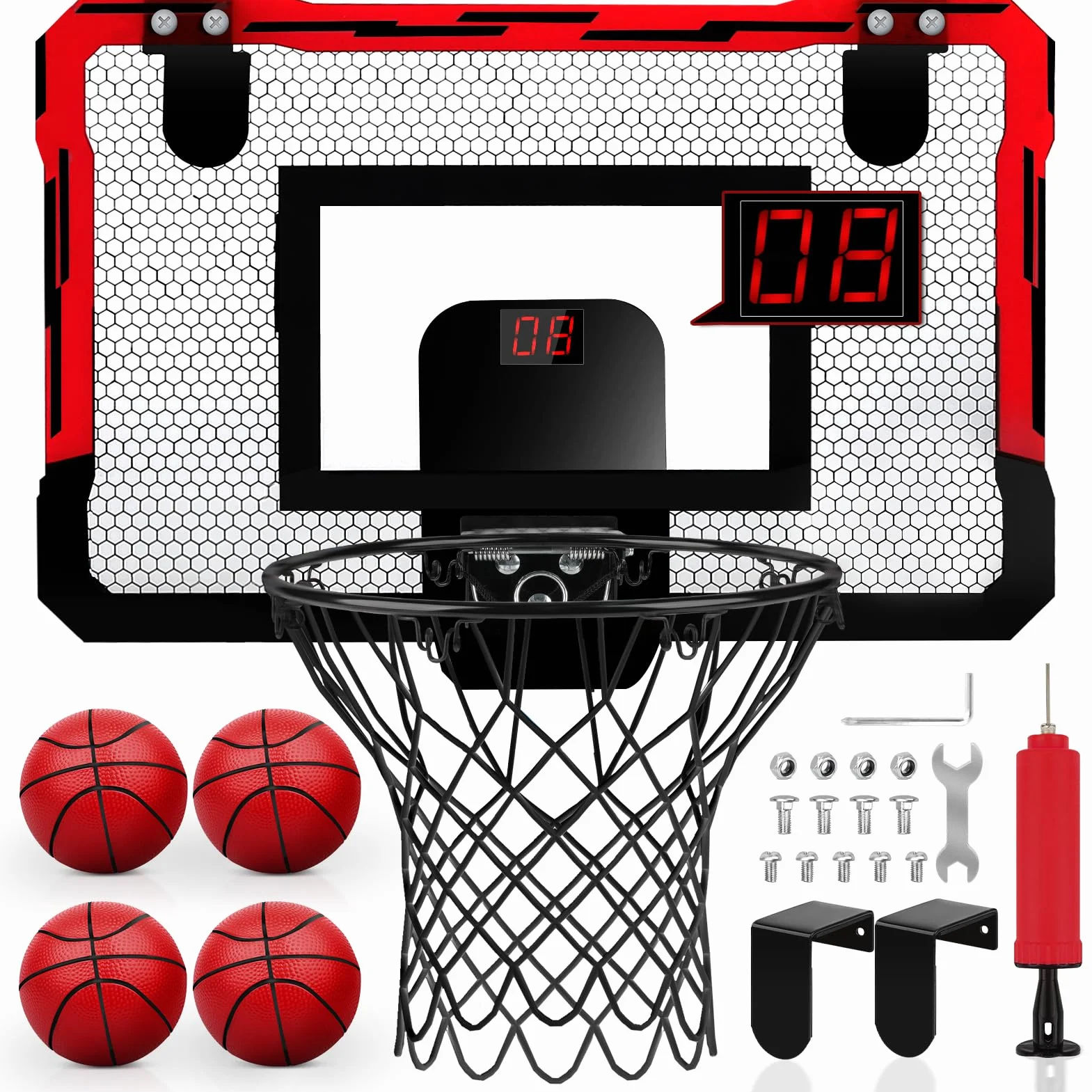 Yimore Canasta Baloncesto Infantil, Interior Exterior Canasta de Baloncesto para Niños Juguete con 4 Pelotas Red y Bomba para Niño de 5 6 7 8 9 10 11 años (Rojo)