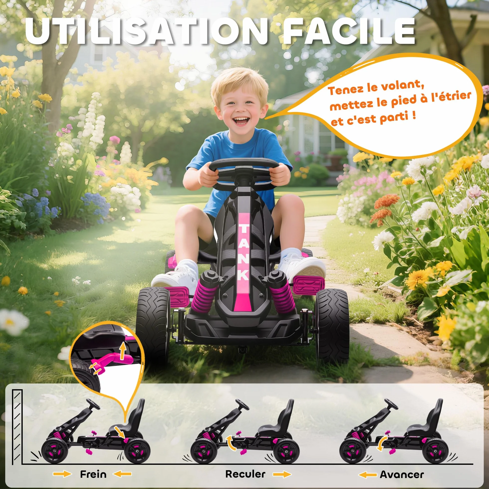 AIYAPLAY Kart a pedales para niños, karting infantil con embrague automático, freno, ruedas de EVA antideslizantes, avanzar y retroceder, coche a pedales para niños de 3 a 6 años, rosa