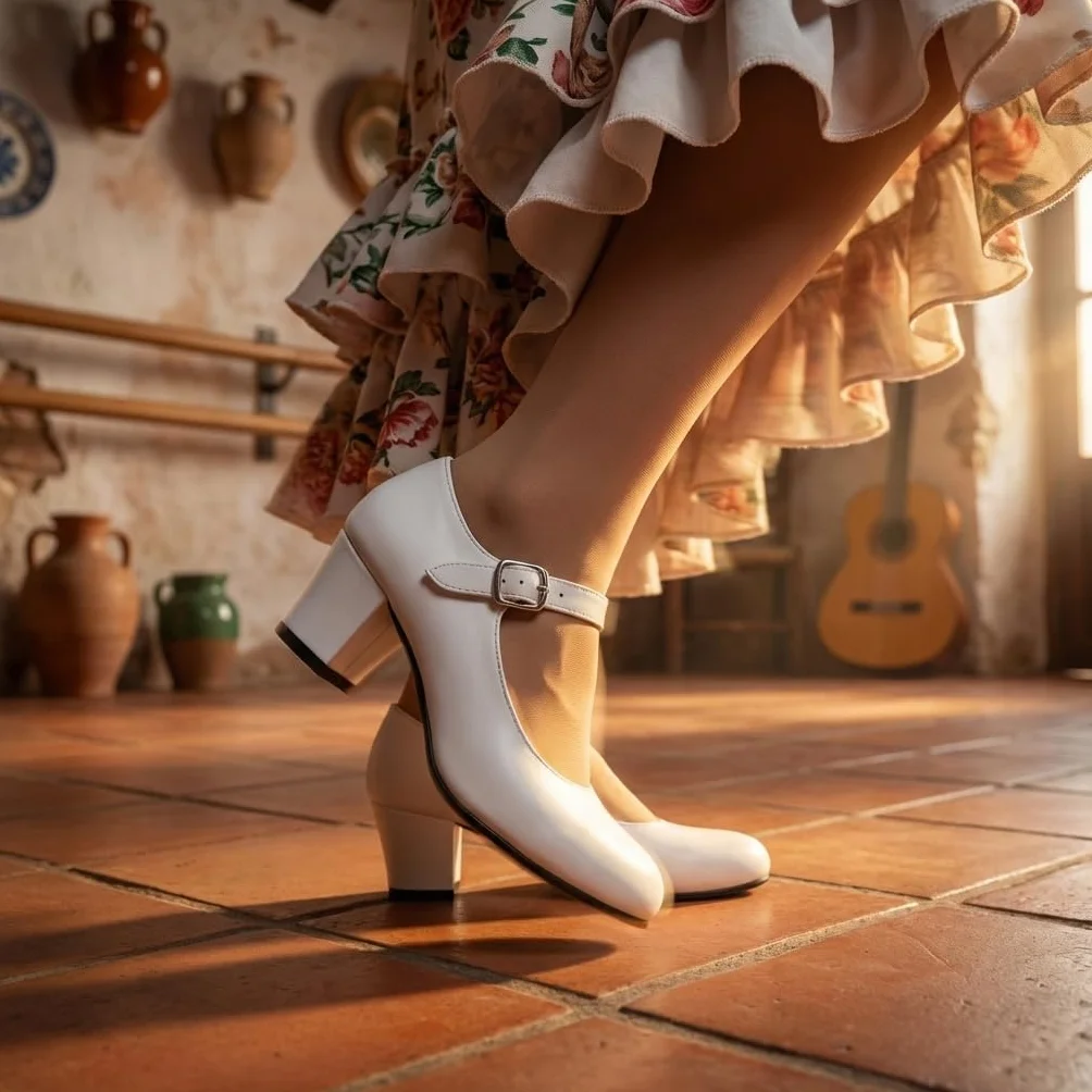 Zapatos de Baile Flamenca Tacones para Niña Blanco y Negro Hechos a Mano España