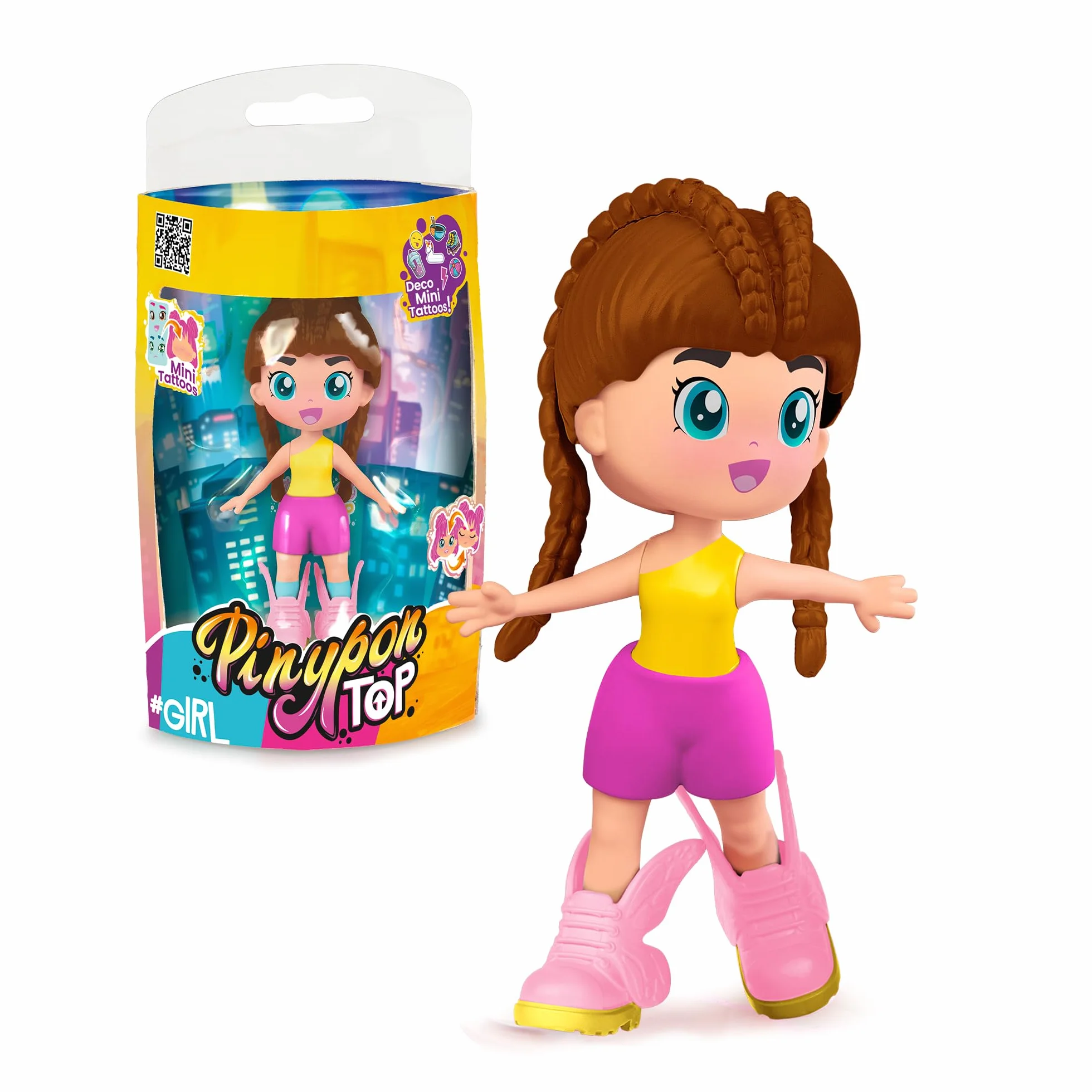 Pinypon TOP Girls Brunette, Chica TOP Morena con Outfit de Street Style, Figura de 11 cm Articulada de Brazos y Piernas, Doble Cara y Ropa y Zapatos Intercambiables, +4 años, Famosa (PNN00200)