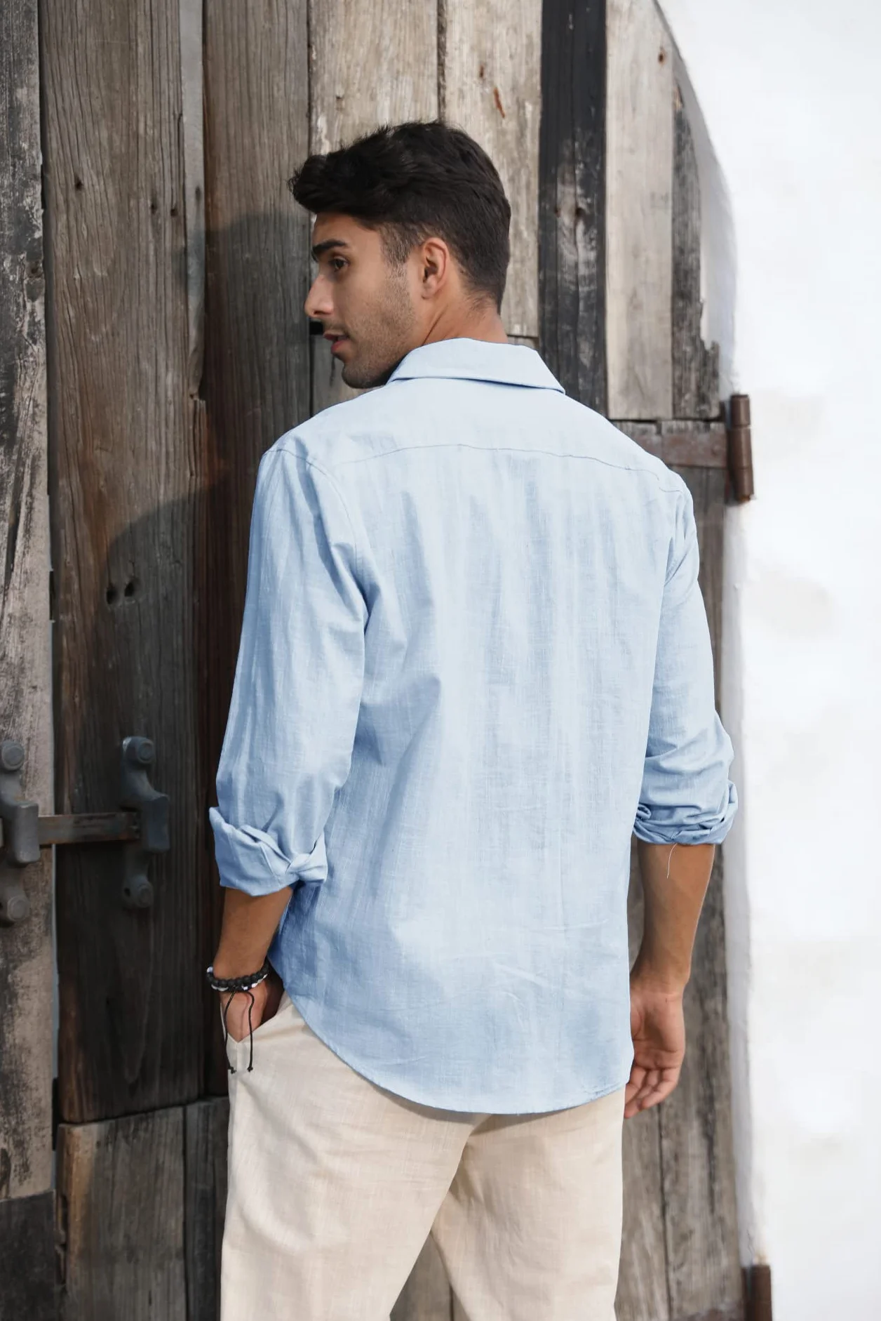 Runcati Camisa de Lino Manga Larga Hombre Cuello Vuelto Negocios Verano