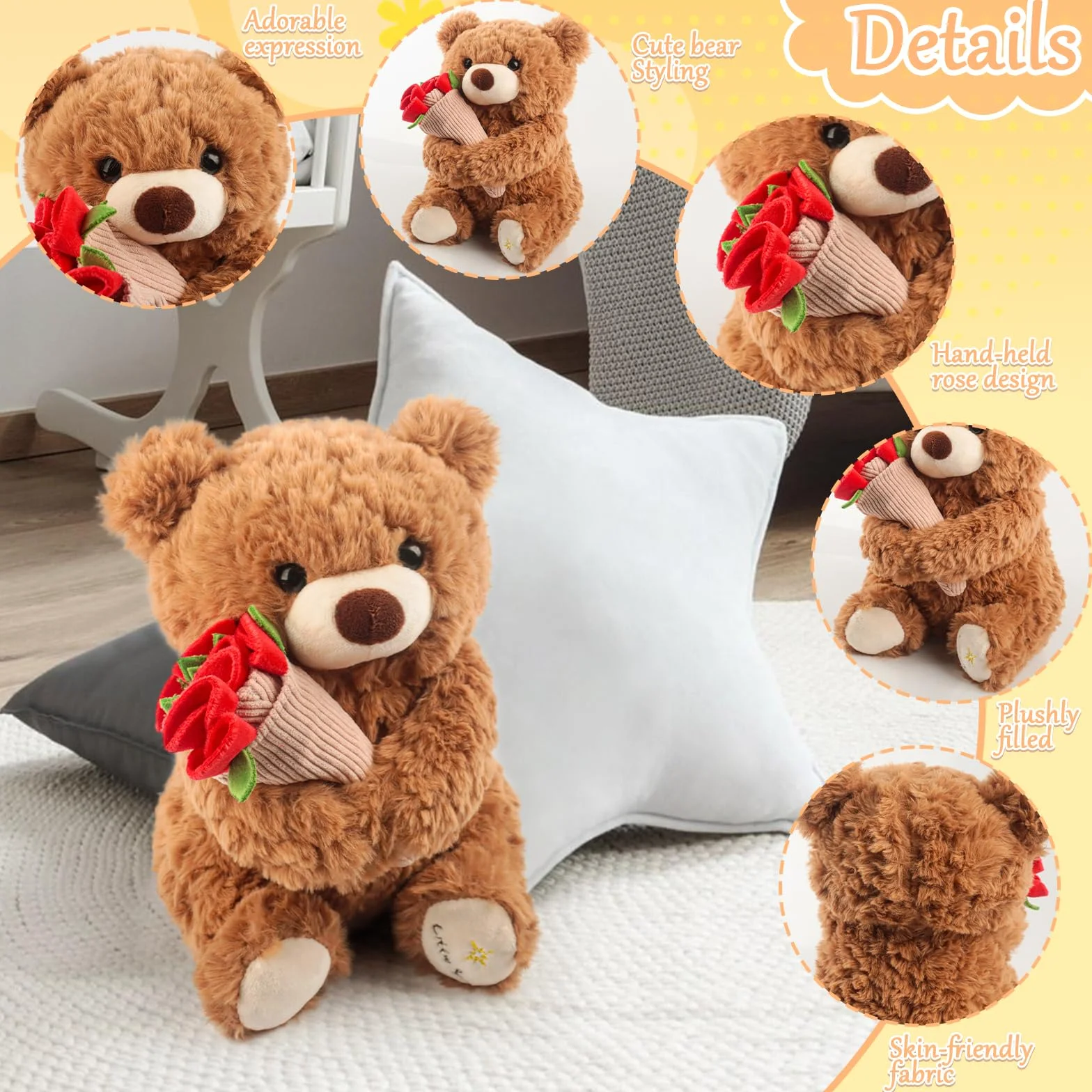 Oso de peluche con rosa y gorro, 30 cm, oso de tela, oso de peluche, suave oso de peluche, regalo de San Valentín (marrón)
