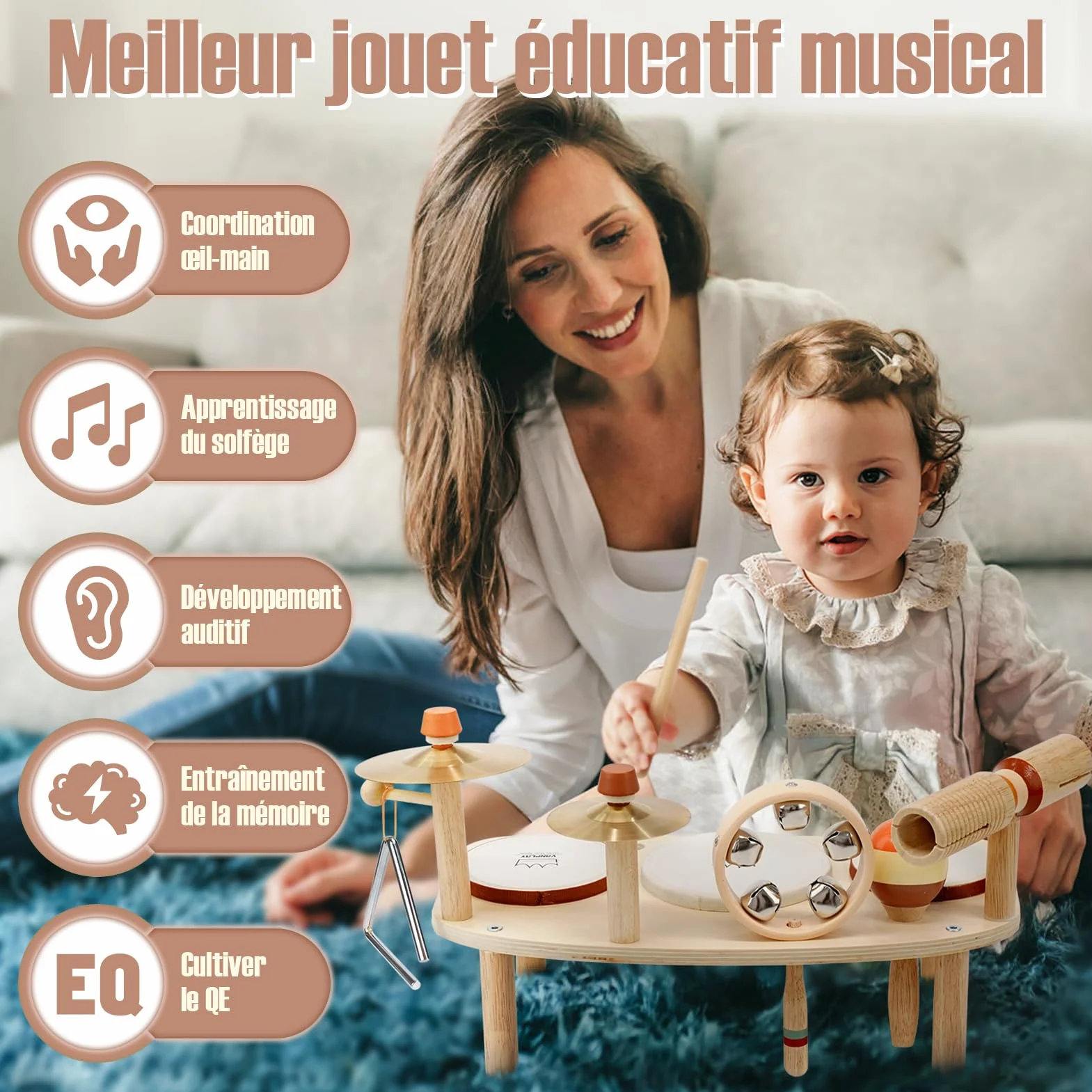Vanplay Juguetes musicales para bebés de 1 año en adelante con 3 tambores y sonajero de cascabeles, tambor infantil juguete musical, juguete Montessori para niños y niñas a partir de 1 año