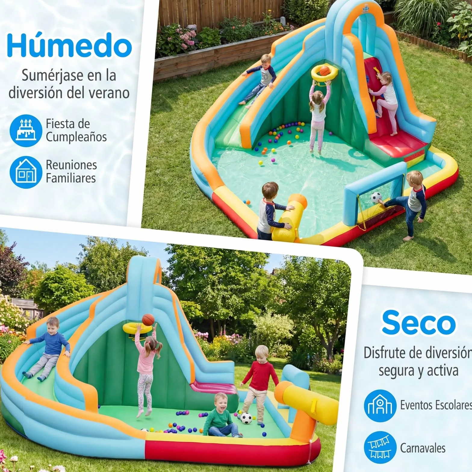 COSTWAY Castillo Hinchable Niños con Tobogán AcuáTico, Parque Infantil Inflable con Bolas Oceánicas, Fútbol, Baloncesto, Muro de Escalada, Aro, Portería y Cañón de Agua para 3 a 12 Años (Sin Soplador)
