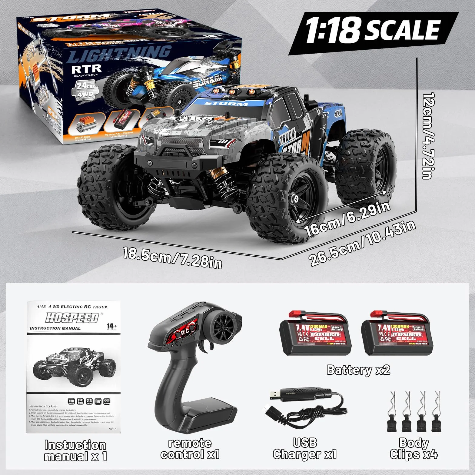 Coche radiocontrol 4x4 Todoterreno 1:18, Coche teledirigido RC 2.4GHz proporcional, 2 baterías 7,4V 1300mAh, transmisión metálica, para Mayores de 8 años y Adultos Principiantes
