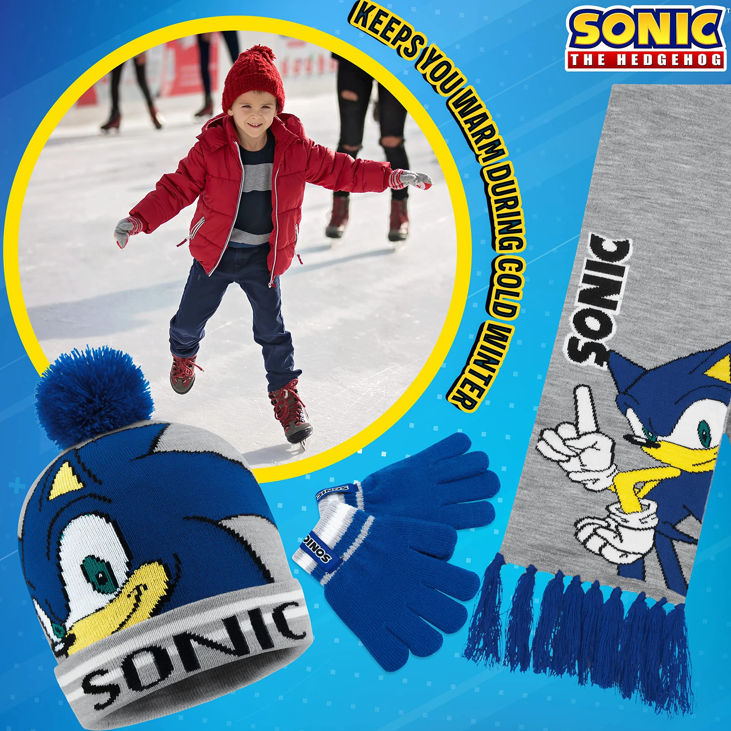 Sonic The Hedgehog Set de bufanda, Gorro y Guantes para Niños