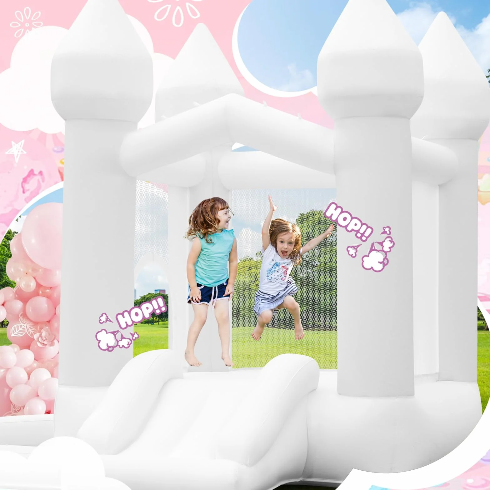Castillo Hinchable Blanco para Niños con Soplador, Castillo Hinchable Interior Exterior con Tobogán, Trampolín, Gran Piscina de Bolas, para Boda Fiesta Cumpleaños, para 3-10 años, hasta 140 kg