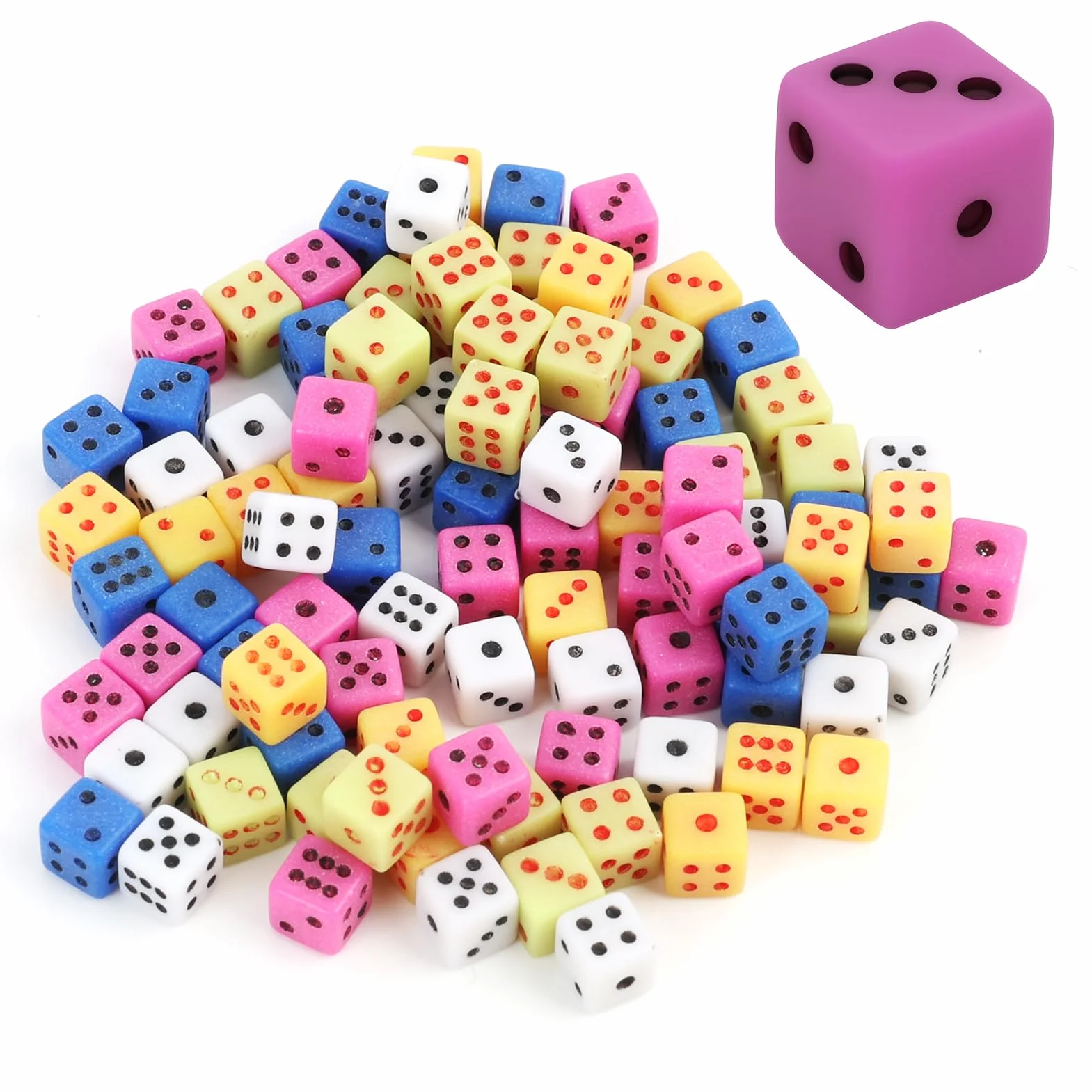 Set de 100 Mini Dados D6 de 5mm, Dados Cuadrados Surtidos para Juegos de Mesa, Actividades Educativas de Matemáticas, Fiestas Temáticas de Casino y Recuerdos - Multicolor
