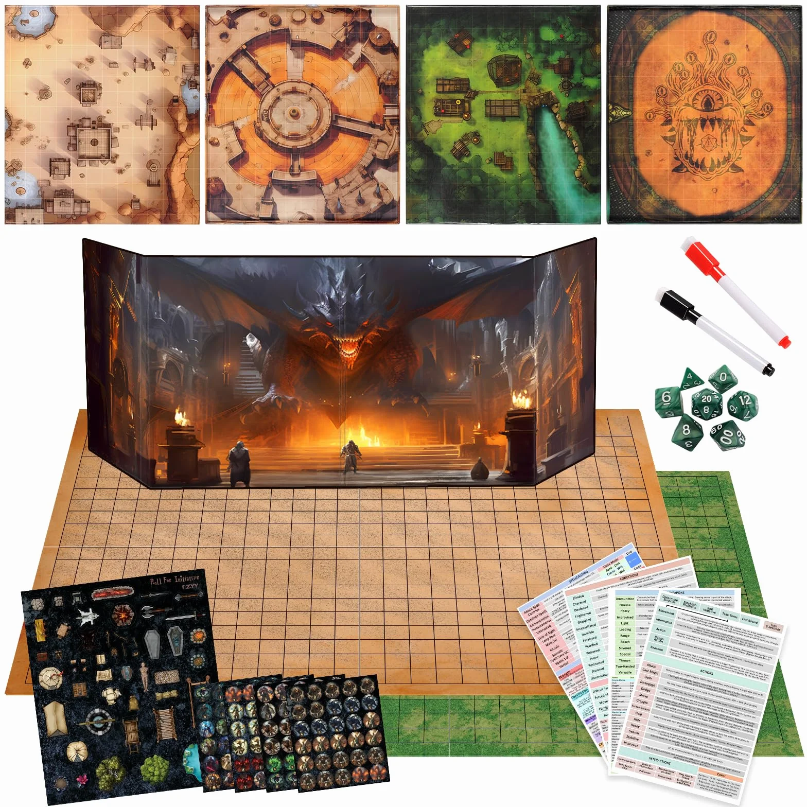 CZYY Tapete de batalla plegable con pantalla DM, fichas de juego, juego de dados, marcadores, terreno de borrado húmedo y seco de 2 lados, juego de iniciación DND, accesorios, regalo para Dungeon