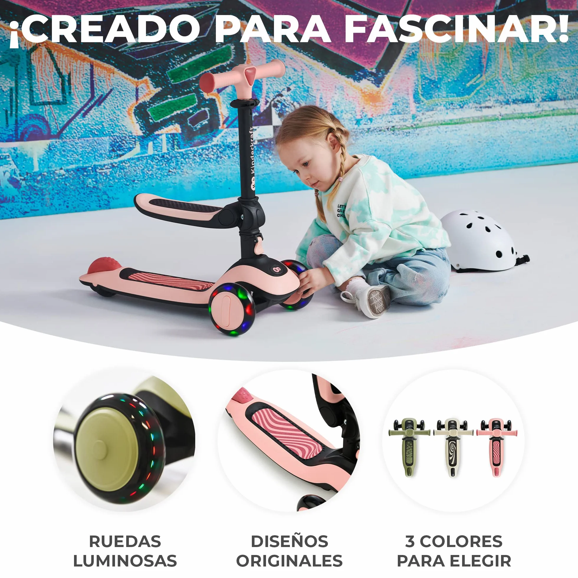 Kinderkraft Halley 2 en 1 Bicicleta sin Pedales y Patinete con Ruedas LED, Manillar Ajustable, Base Antideslizante, Ultraligera y Segura para Niños – Rosa