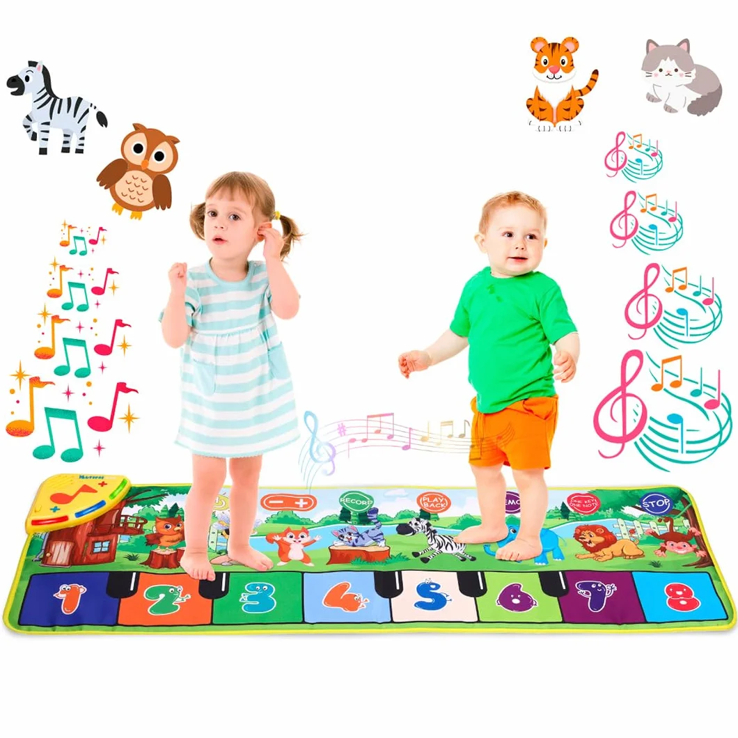 NK Alfombra Musical para Bebé con 8 Sonidos de Animales LED - Piano Infantil Juguete para Niños 3 4 5 años, Regalo Original Montessori Cumpleaños Navidad, Plegable, Función Record/Playback (110x36cm)
