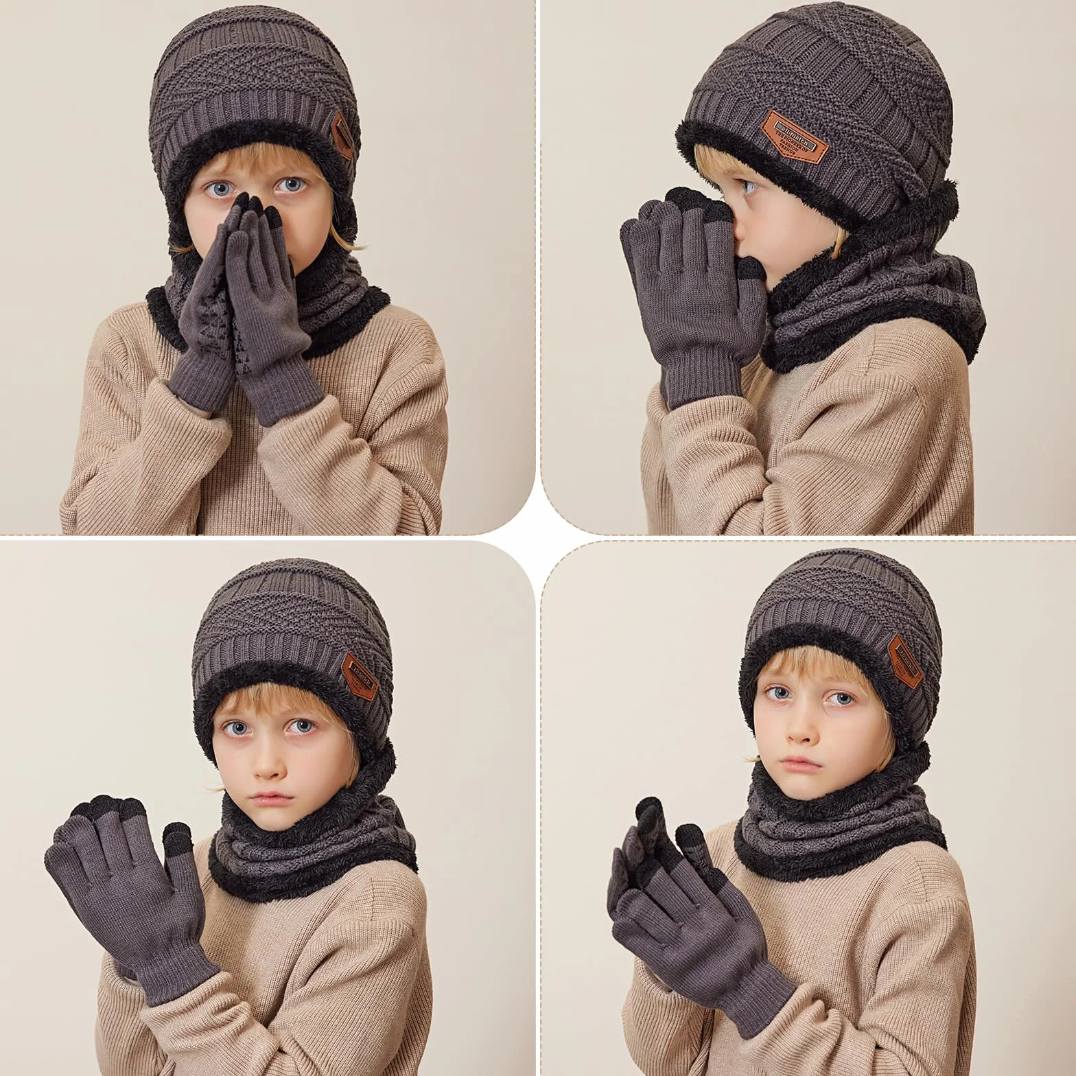Gorro Invierno Niños Niñas Conjunto Bufanda Guantes Forro Polar Pantalla Táctil 5-10 Años