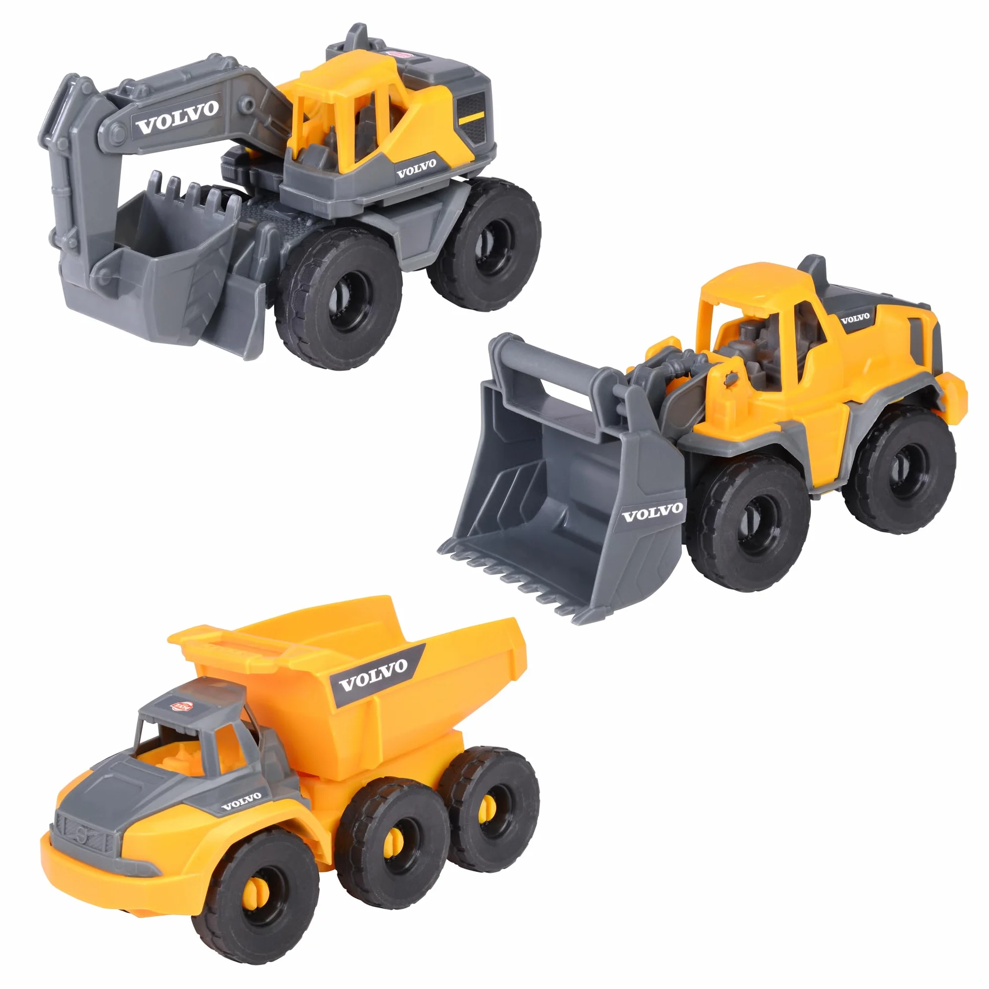 Dickie Toys- Vehículos de Obras Volvo Set Construcción, 3 Vehículos Juguete (Excavadora, Pala cargadora, volquete) para Niños, 16cm, Ruedas Giratorias y Piezas Móviles. A Partir de 3 años (203722015)