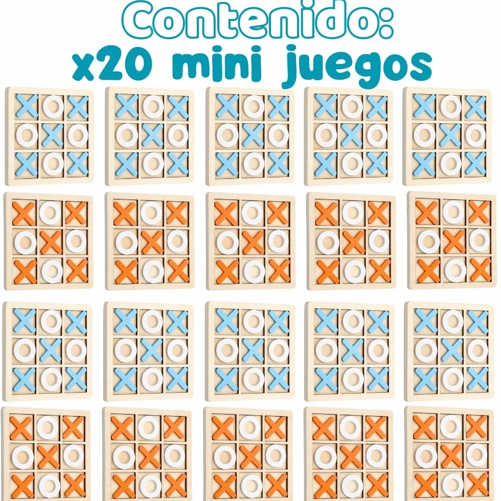 Mini Juegos Tres en Raya 20 PCS, Regalos Cumpleaños Niños, Madera Suave, Envase Individual, Pack 20 Juegos 3 en Raya