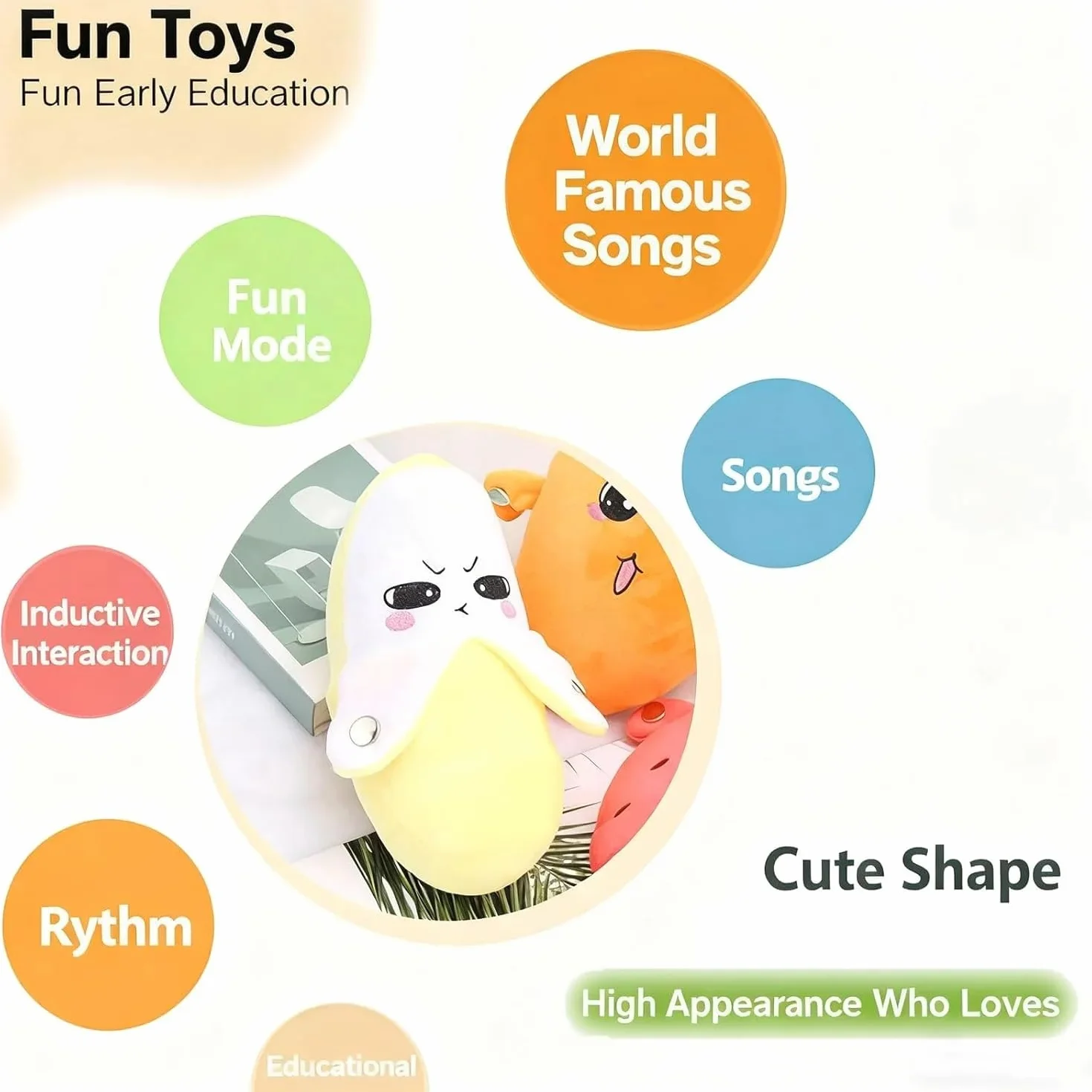 Muñeca Interactiva con Sensor Musical, Muñeca de Peluche en Forma de Fruta con Interacción Feliz Sensible al Tacto y Sonido Enriquecido, 3 Modos, Peluche de Latido con Sensor de Fruta(Yellow)
