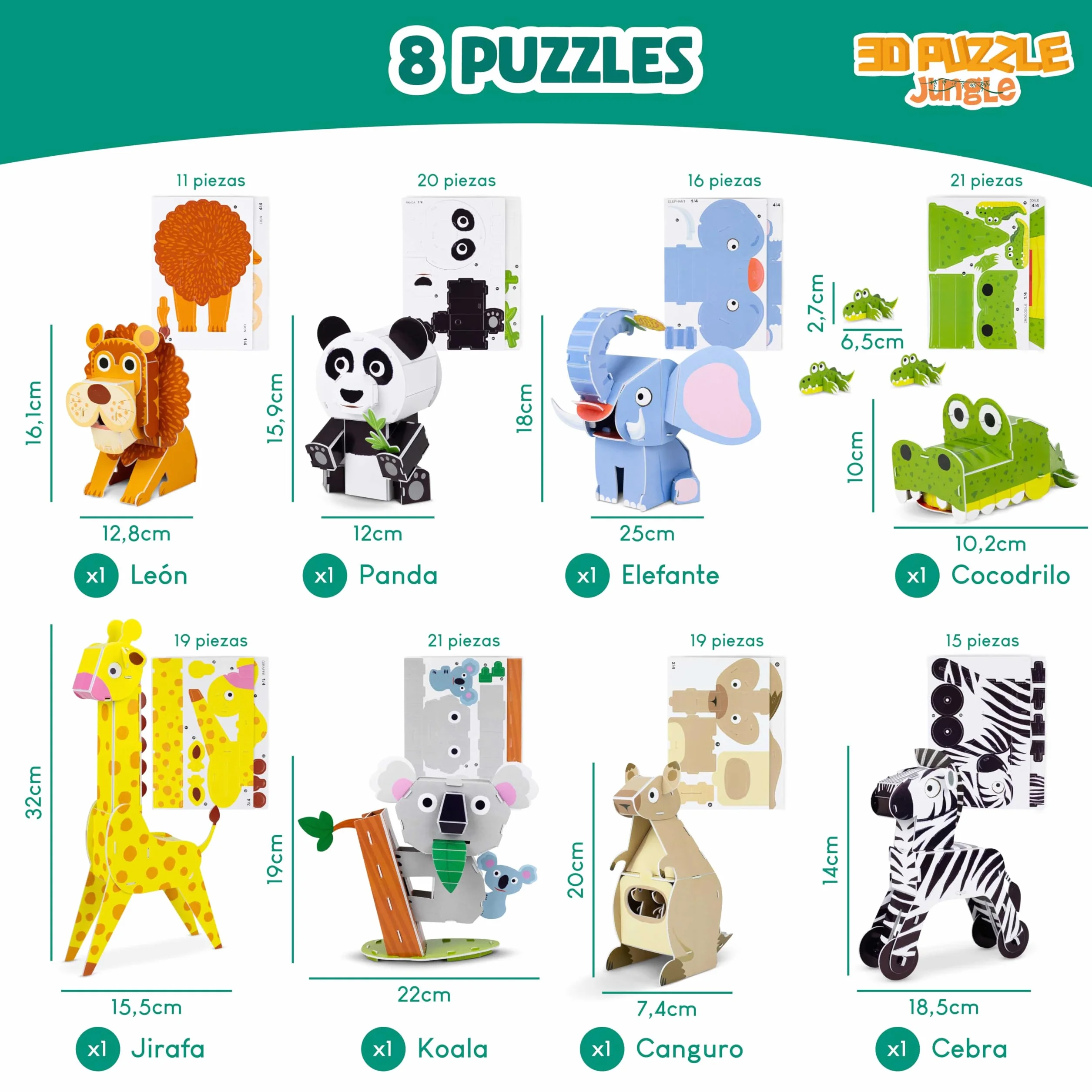 BONNYCO Puzzle 3D Animales de la Jungla, Pack 8 Rompecabezas Infantil para Niños 6-10 Años