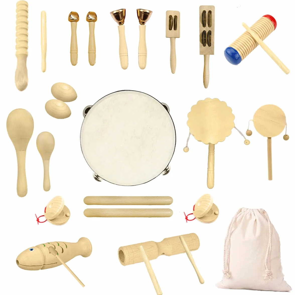 Instrumentos Músicales Infantiles, 27pcs Percusion Musicales Madera Set para Infantil, Niños y Bebe, Madera 100% Puro de Juguete Musical, Kit de Ritmo de Percusión Premium y Bolsa de Algodón