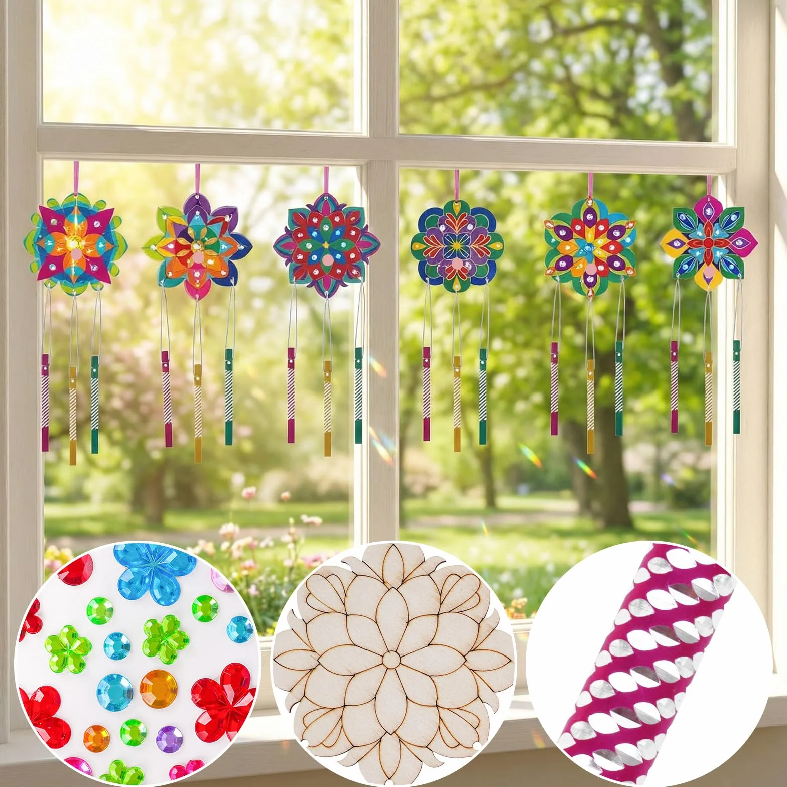 Juego de 10 carillones de viento para niños, manualidades, madera, carillones de viento para niños, mandala, juegos de manualidades de madera, decoración de jardín, creativos, para invitados, fiestas