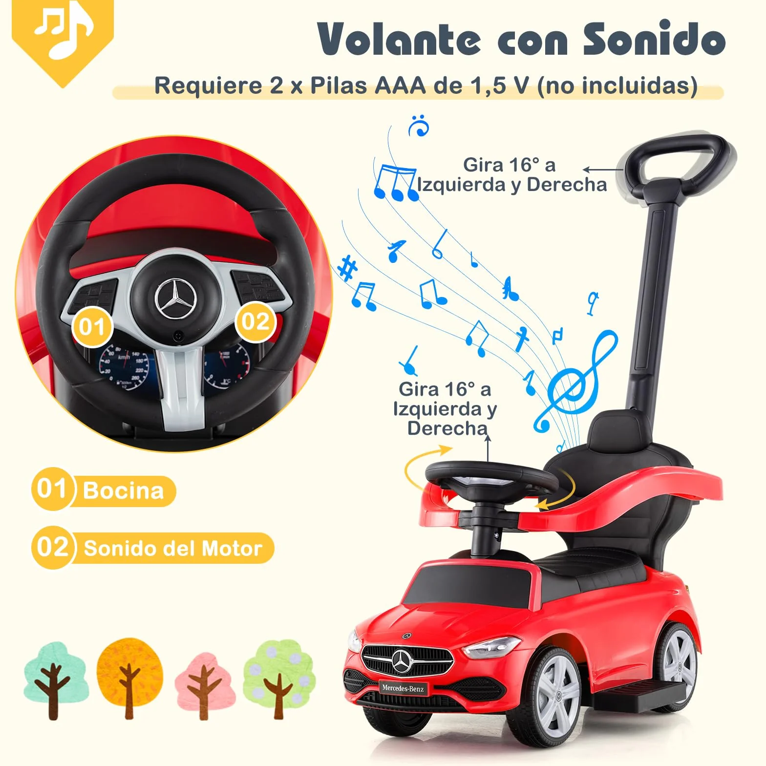 COSTWAY Coche Correpasillo 3 en 1 para Niños, Coche de Juguete con Barra de Empuje y Capota Ajustable, Coche con Pedal y Bocina para Niños de 18-36 Meses con Sonido (Rojo)