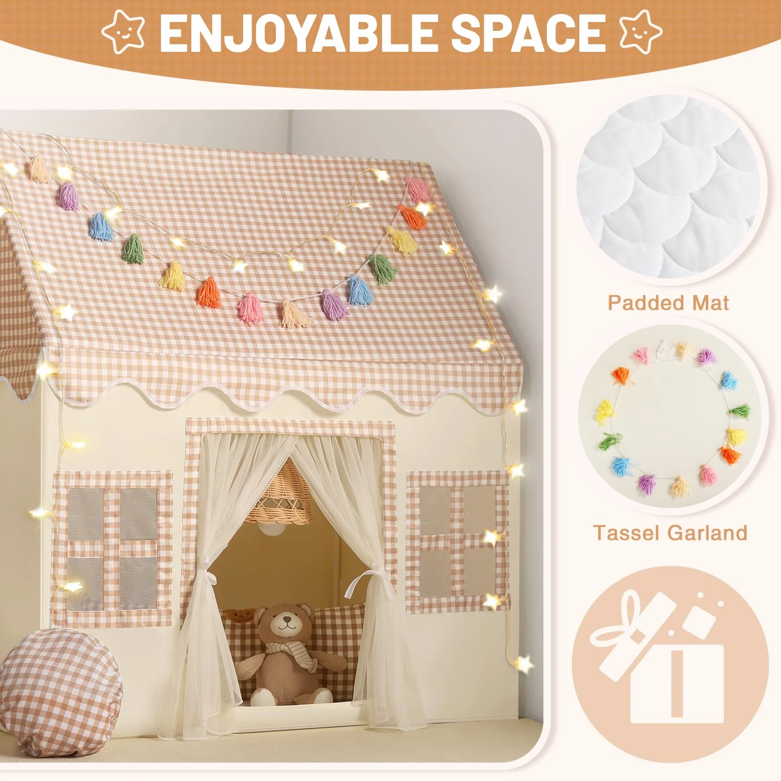 Wilwolfer Tienda de campaña Infantil: Jugar en Interiores y Exteriores - Tipi Casita Infantil con Guirnalda de borlas y Alfombra - Casa Grande para Niñas y Niños