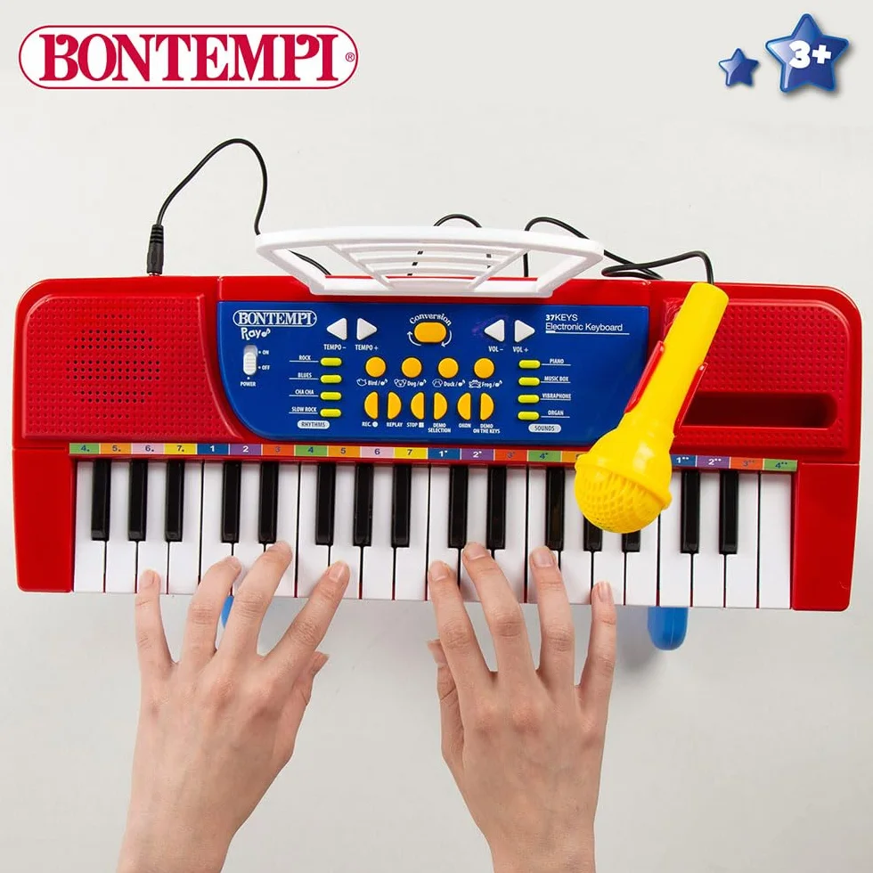 Bontempi Piano Infantil 37 Teclas con Taburete, micrófono y Atril, 4 Sonidos, 4 ritmos, 11 melodías, Función Aprendizaje Okon, Conexión USB-C o 4 Pilas AA (N/I), Juguete Musical, +3 años (47907)