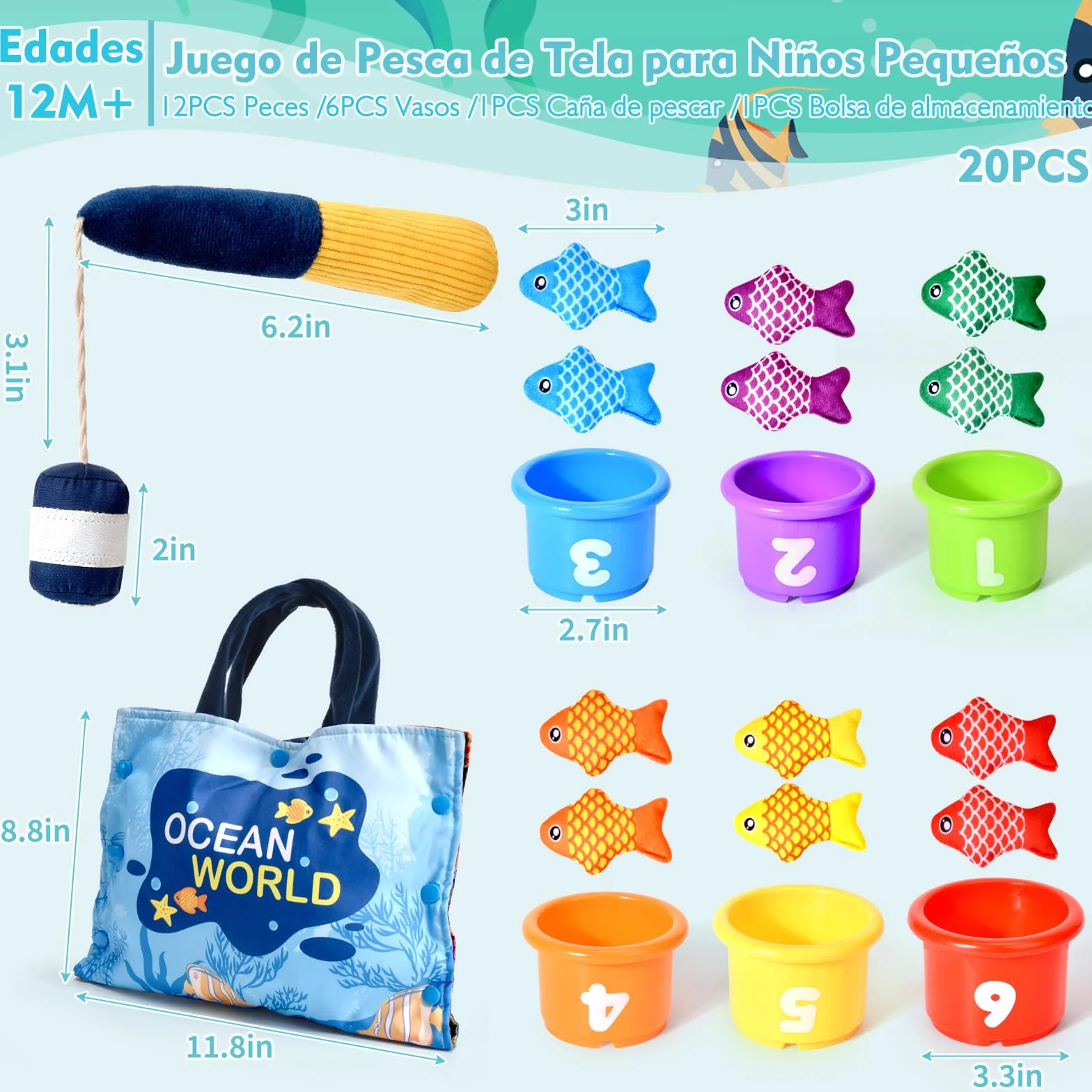Juguetes Niños 1 Año Montessori, 20 Piezas Juego Pesca de Tela con Taza Apilables, Almacén Bolsa, Educativos Juguetes Bebes 6-12 Meses, Regalo Bebe 1 2 Año