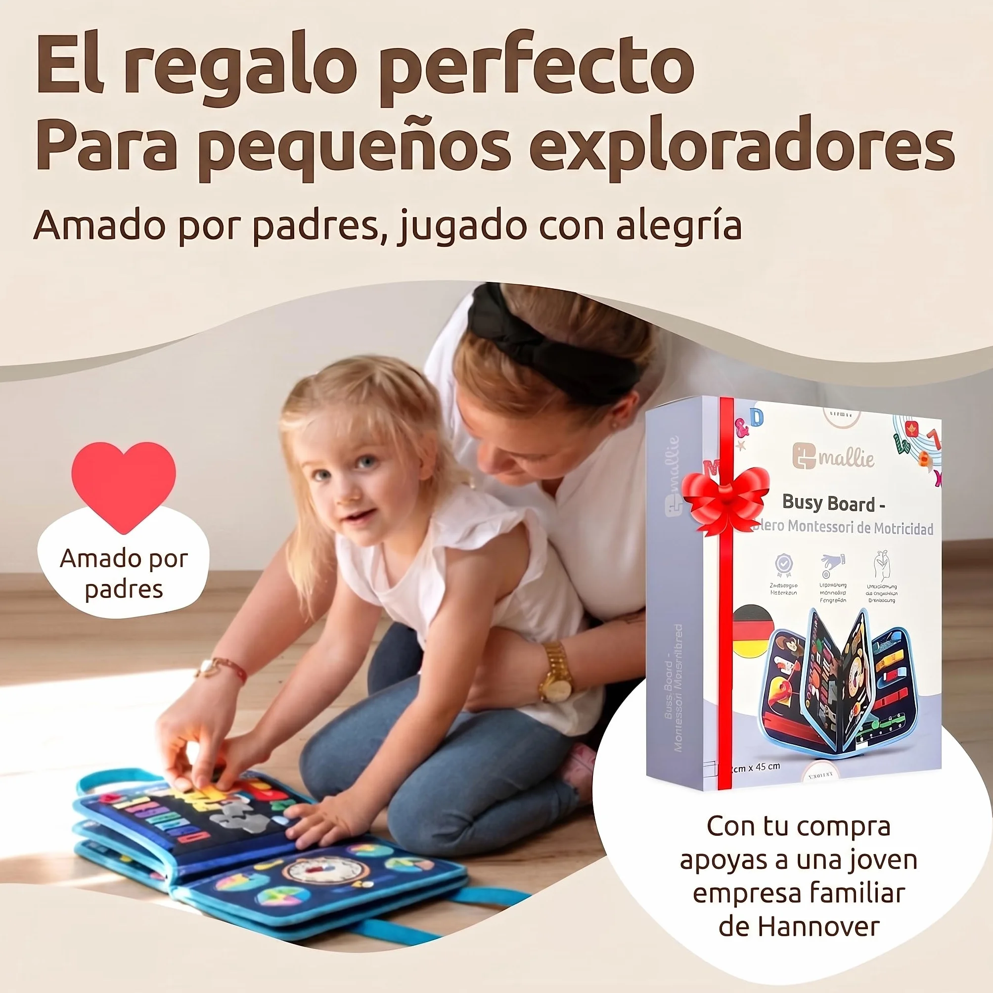 Mallie® Montessori Busy Board en Español para 1 2 3 años con Juego de rol y Marionetas – Busy Board, Libro Montessori 1 Año, Busy Book, Libro Sensorial Bebe 1 Año, Libro Montessori 2 Años