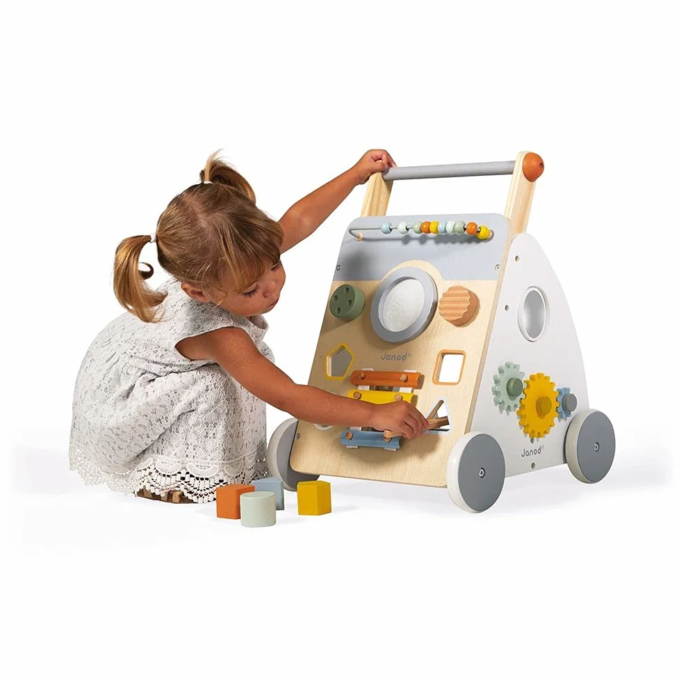 Janod - Carro Multiactividad Sweet Cocoon - Carro de Madera para aprender a caminar - 9 Actividades - Ruedas Silenciosas, Pintura al Agua - Juguete Infantil Adaptable desde los 12 meses, J04410