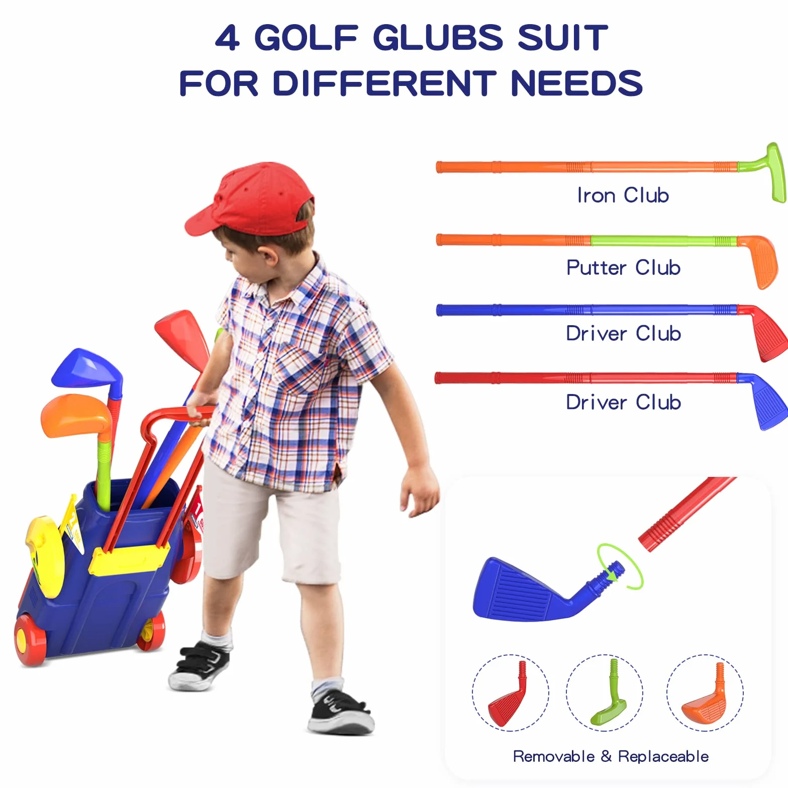 QDRAGON Juego de Golf para Niños, Mini Golf con 4 Palos de Golf, 8 Pelota de Golf, Carro de Golf, Juguetes de Golf Regalo para Infantil Niños, Niñas 3, 4, 5 6 Años
