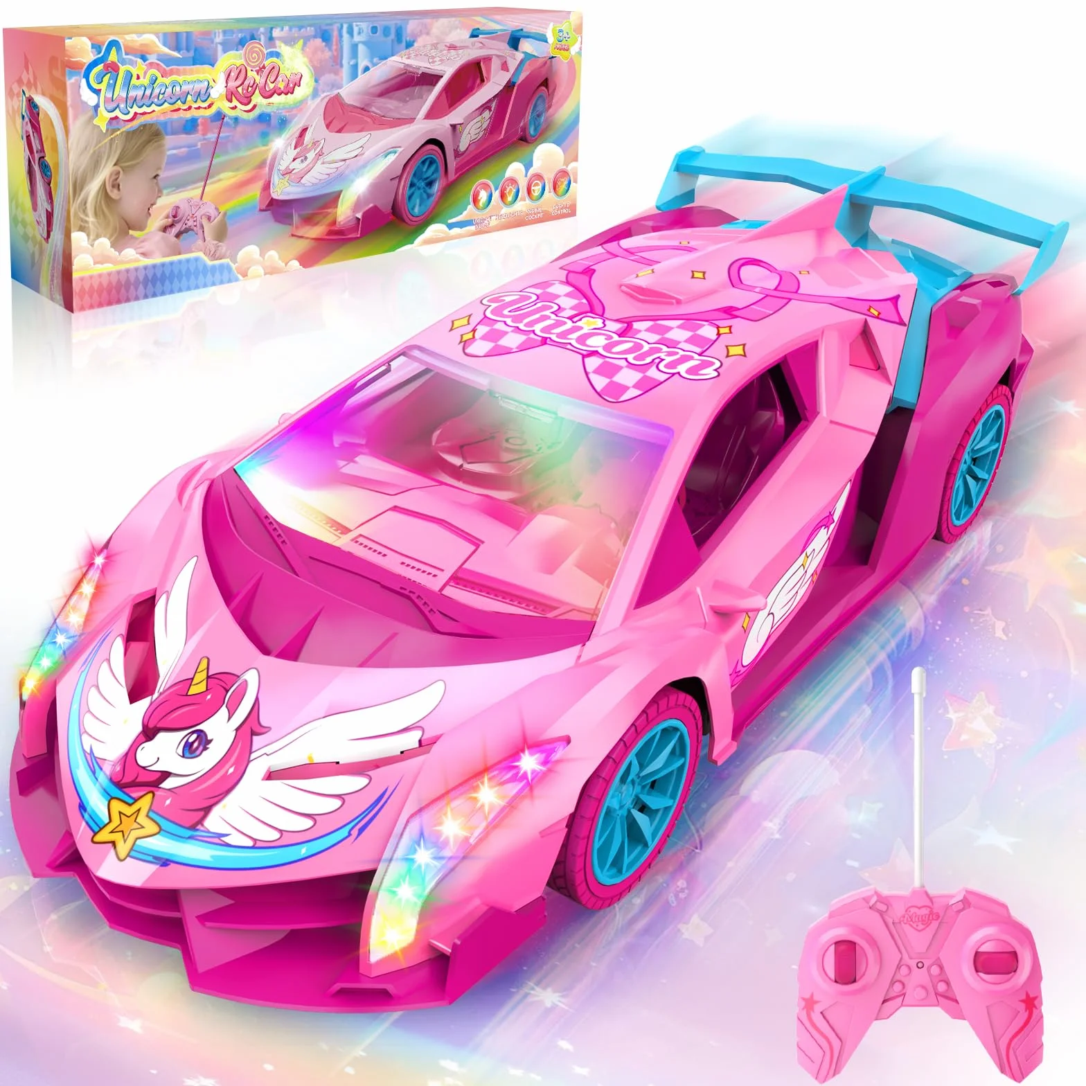 Unicornio Coche Teledirigido Niños con Luces Multicolores, 2,4GHz Rc Drift Car Coche Teledirigido Juguetes Niña 3 4 5 6 7 8 9 10 Años, Unicornios Regalo Juego Niña 3-12 Años Navidad Cumpleaños Regalos