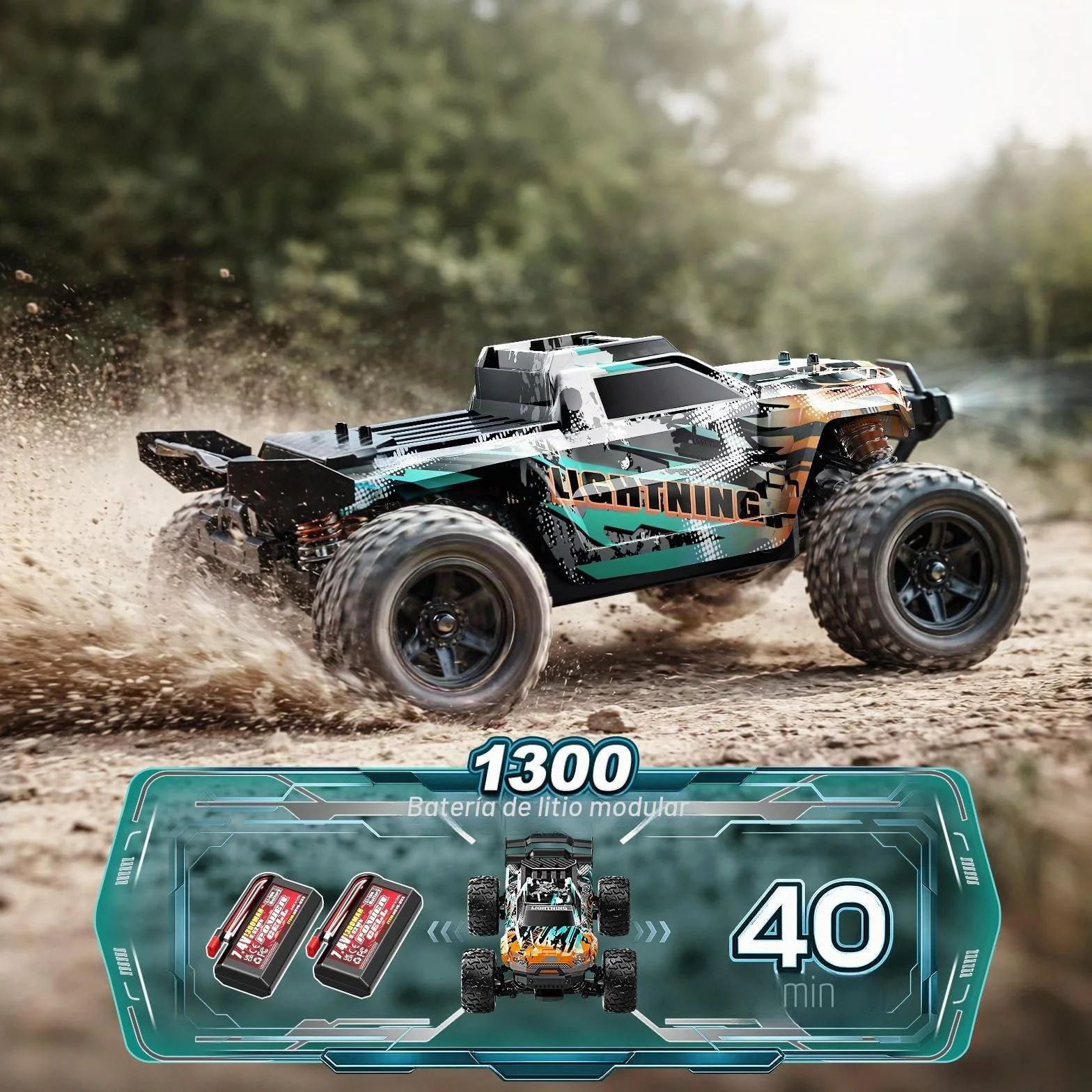 Coche Teledirigido 1:18 4WD 40 km/h Todoterreno 4x4, Coche Radiocontrol con 2 Baterías 7.4V 1300mAh, ESC Impermeable 2.4GHz, Doble Carrocería, Transmisión Metálica para Niños y Adultos