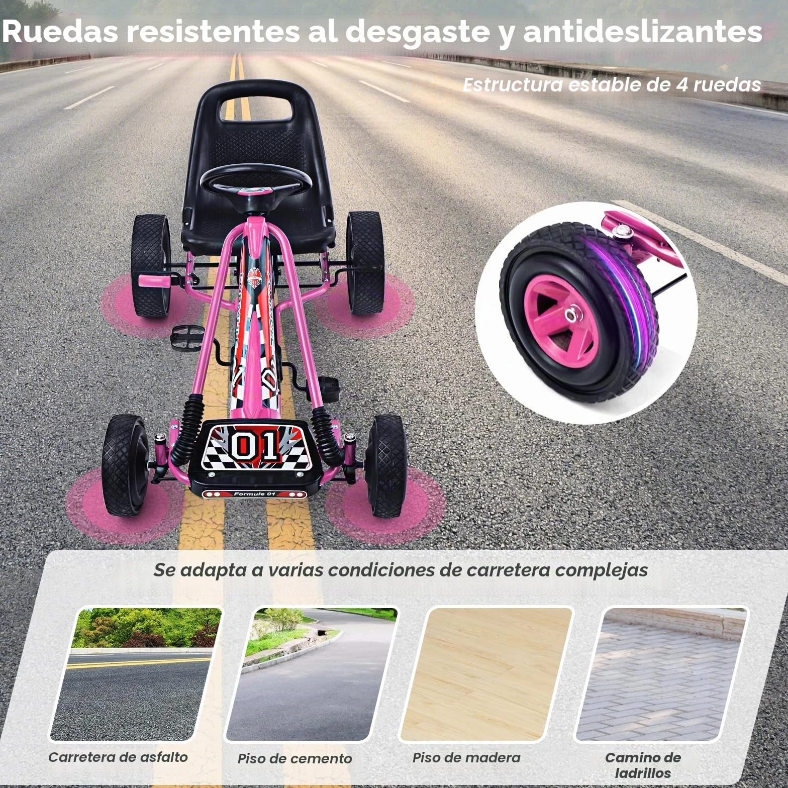 GOPLUS Kart con Pedal Infantil, Asiento Ajustable, Avanzar y Retroceder, con Embrague y Freno, Pedales Antideslizantes, 4 Ruedas, Bicicletas y Vehículos para Niños de 3-8 Años (Rosa)