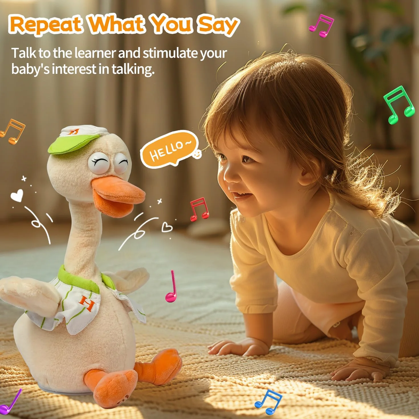 Pato de peluche, cuello de pato estirado, sonido de canto y graznido de pato, juguetes educativos interactivos de animales de peluche de diseño lindo para niños, desarrollo de la inteligencia musical