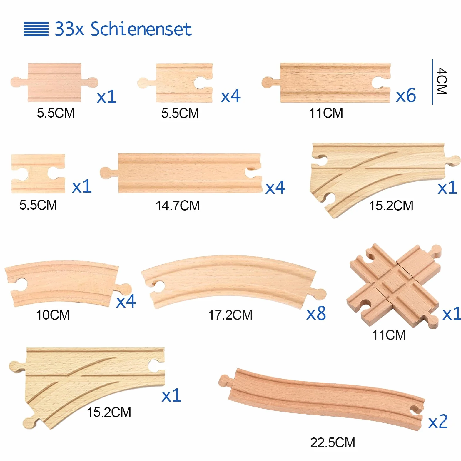 Juego de 33 rieles de ferrocarril de madera - Con riel en S, cruce y clavijas - Compatible con marcas de ferrocarril - Rieles de madera para niños de 3 años en adelante (33 piezas)