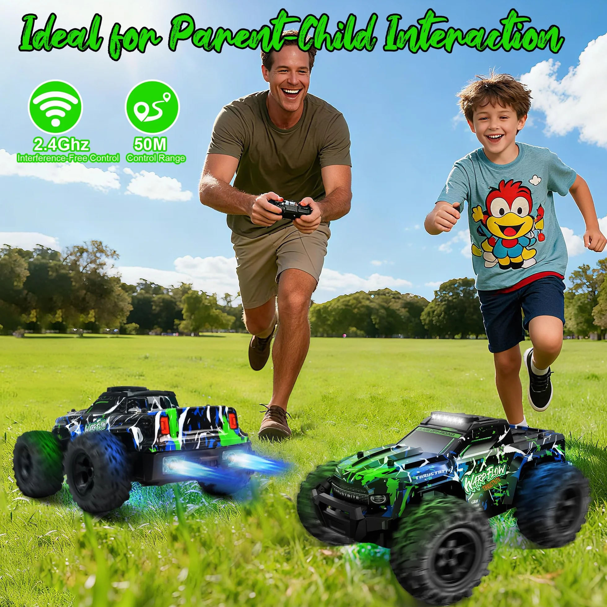 BAZADER Coche Teledirigido Coche RC - 1:18 Coches teledirigidos con Luces Led, 25 Km/H Remote Control Car con Pulverizador 2,4 GHz Todoterreno 2 Baterías Recargables 60min Play, para NiñOs Y Adultos