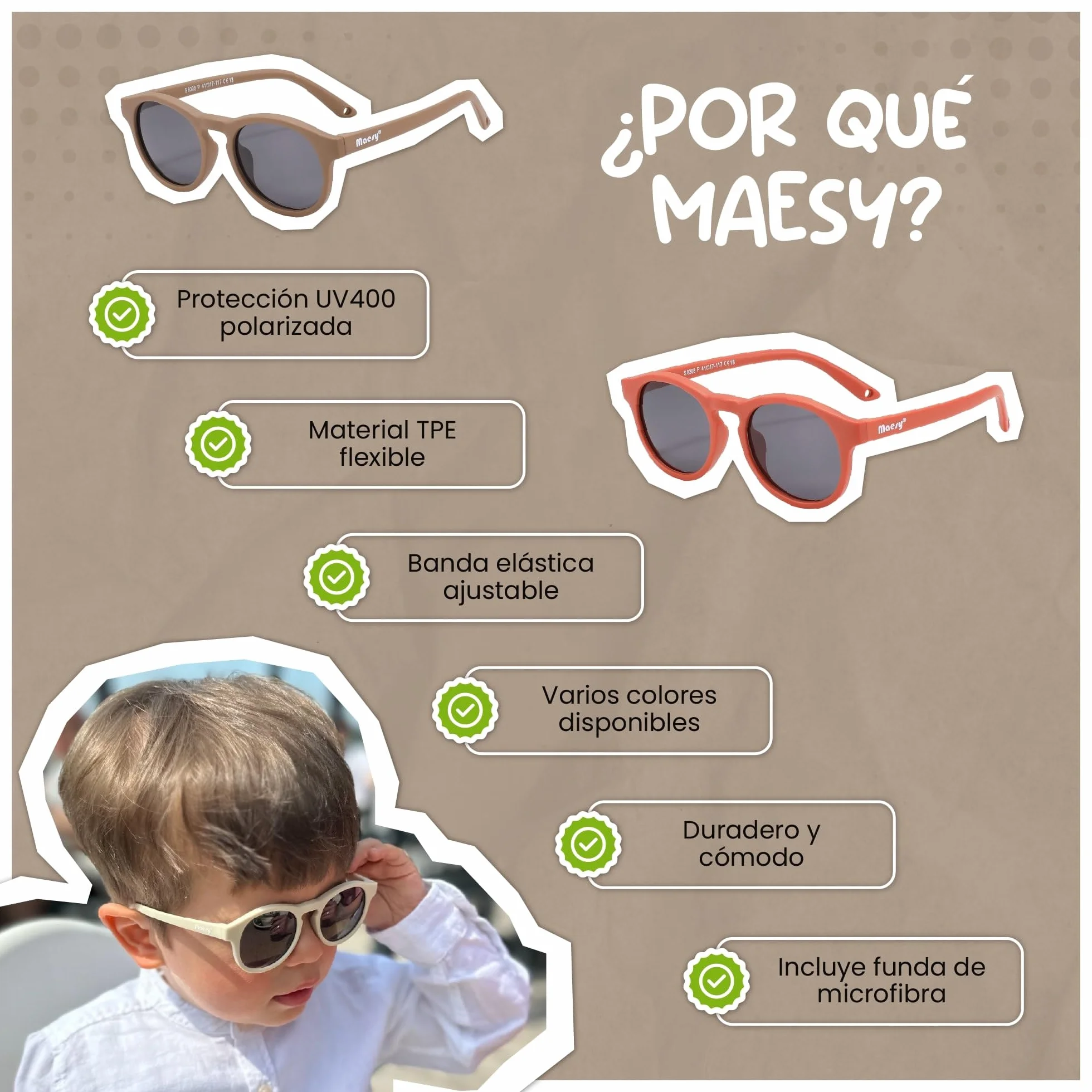 Gafas de Sol Polarizadas UV400 para Bebé y Niño 1-3 Años Montura Flexible Bowi