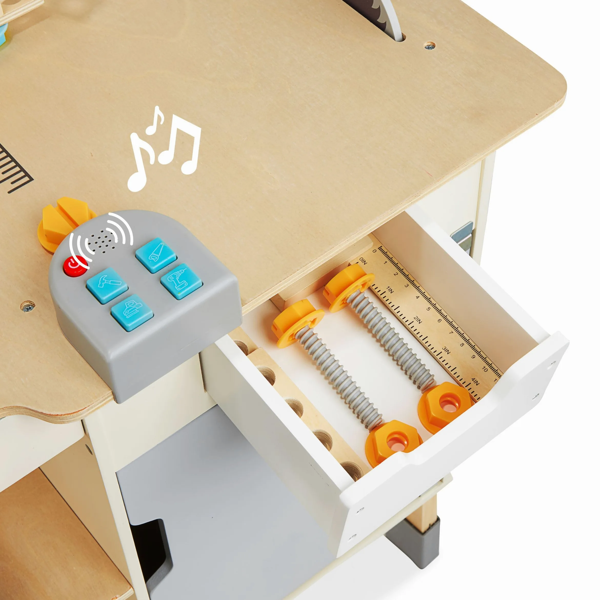 mamabrum Banco Trabajo Madera para Niños - Mesa Herramientas XXL con 74 Piezas, Taladro Eléctrico y Sierra Circular - Altura Ajustable 97-103cm - A Partir de 2 Años